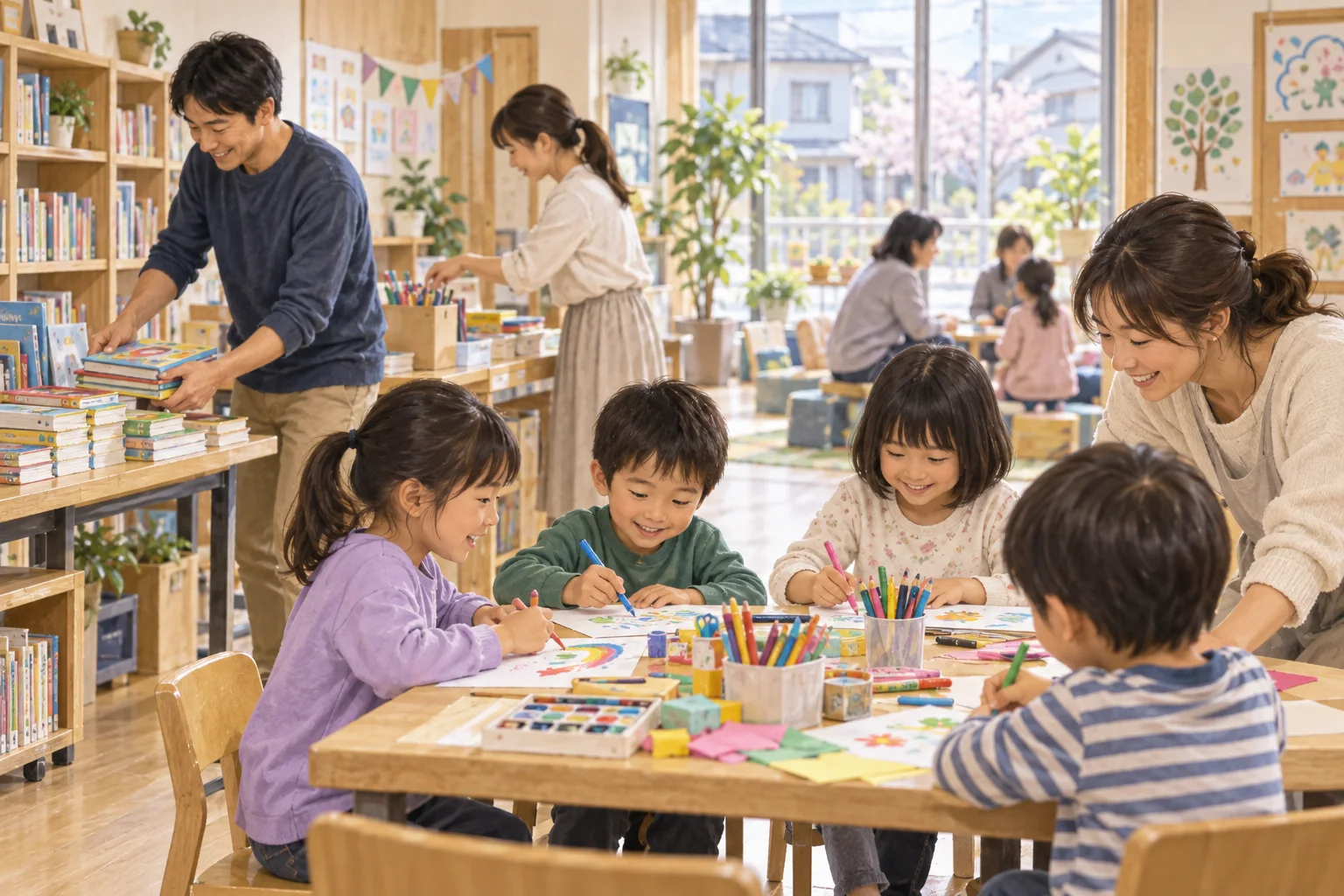 Editorial illustration of volunteers preparing books and art supplies for children at a community activity table.