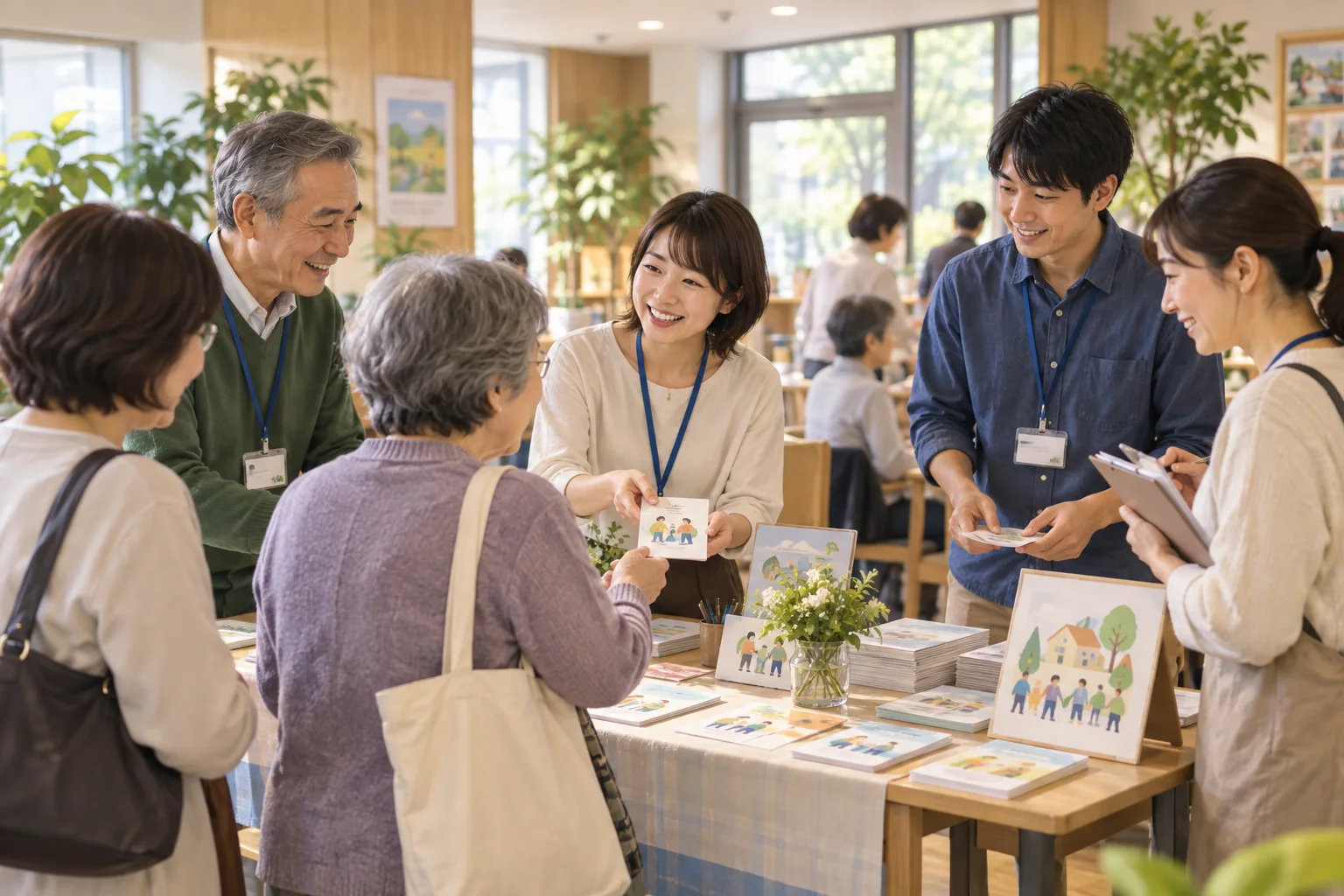 Editorial illustration of neighbors and volunteers sharing information at a welcoming community-club table.