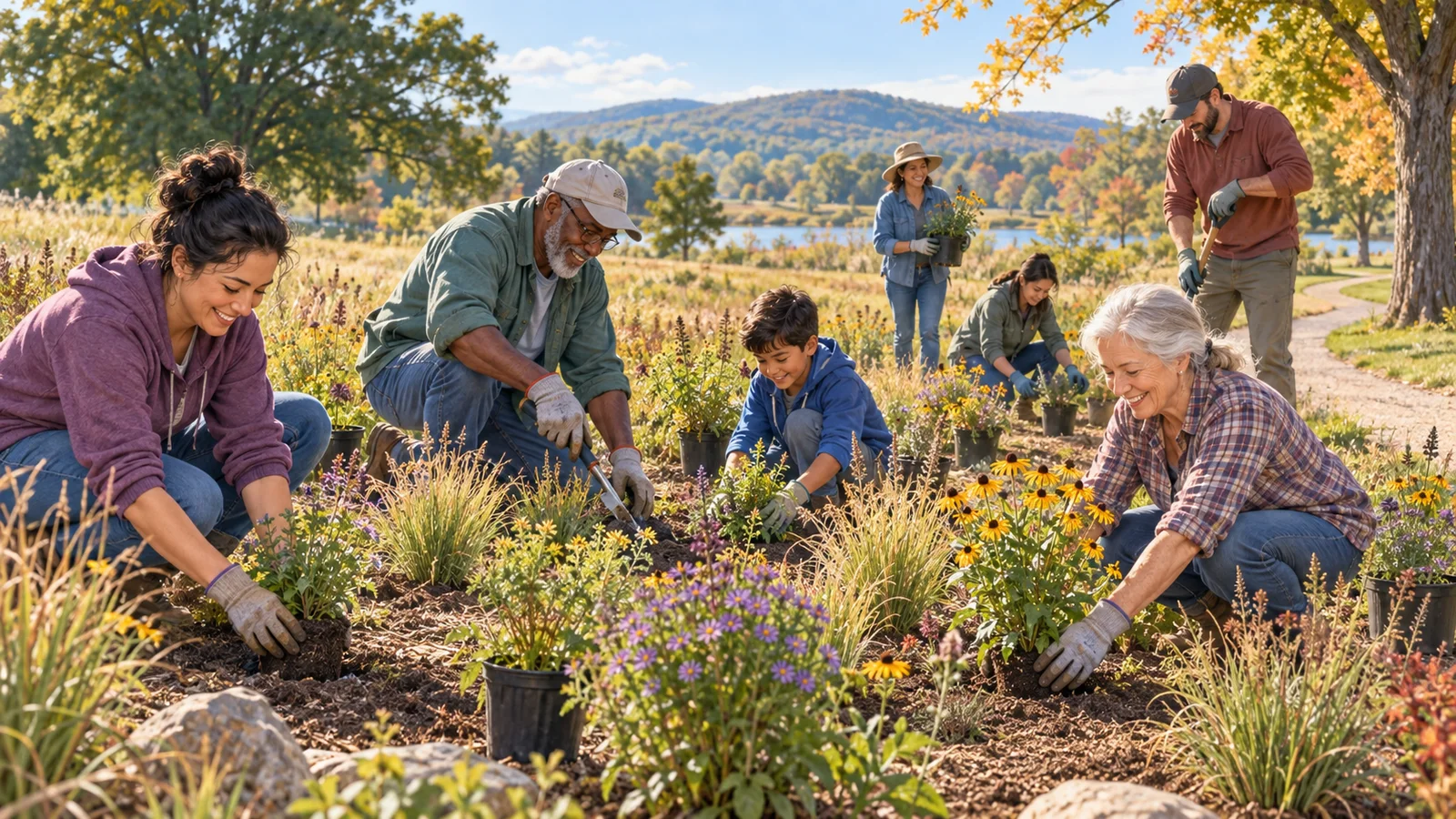 Editorial illustration of families discovering native flowers beside a sunny wildlife-refuge path