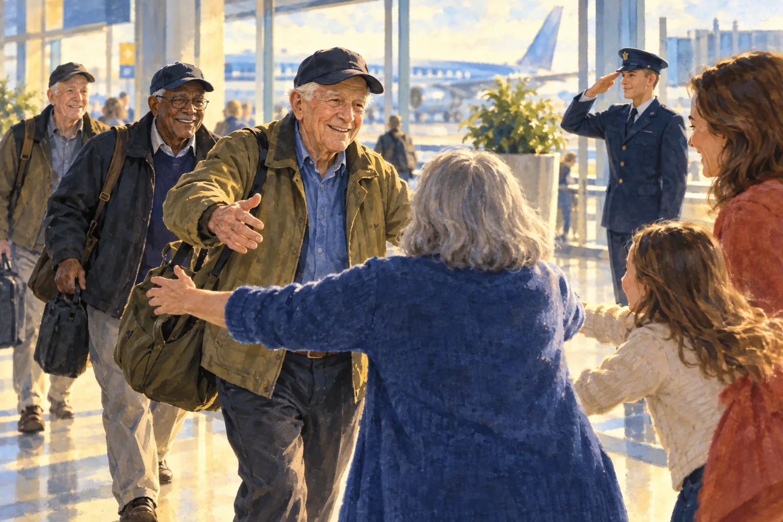 Editorial illustration of veterans meeting family and neighbors in an airport arrivals hall