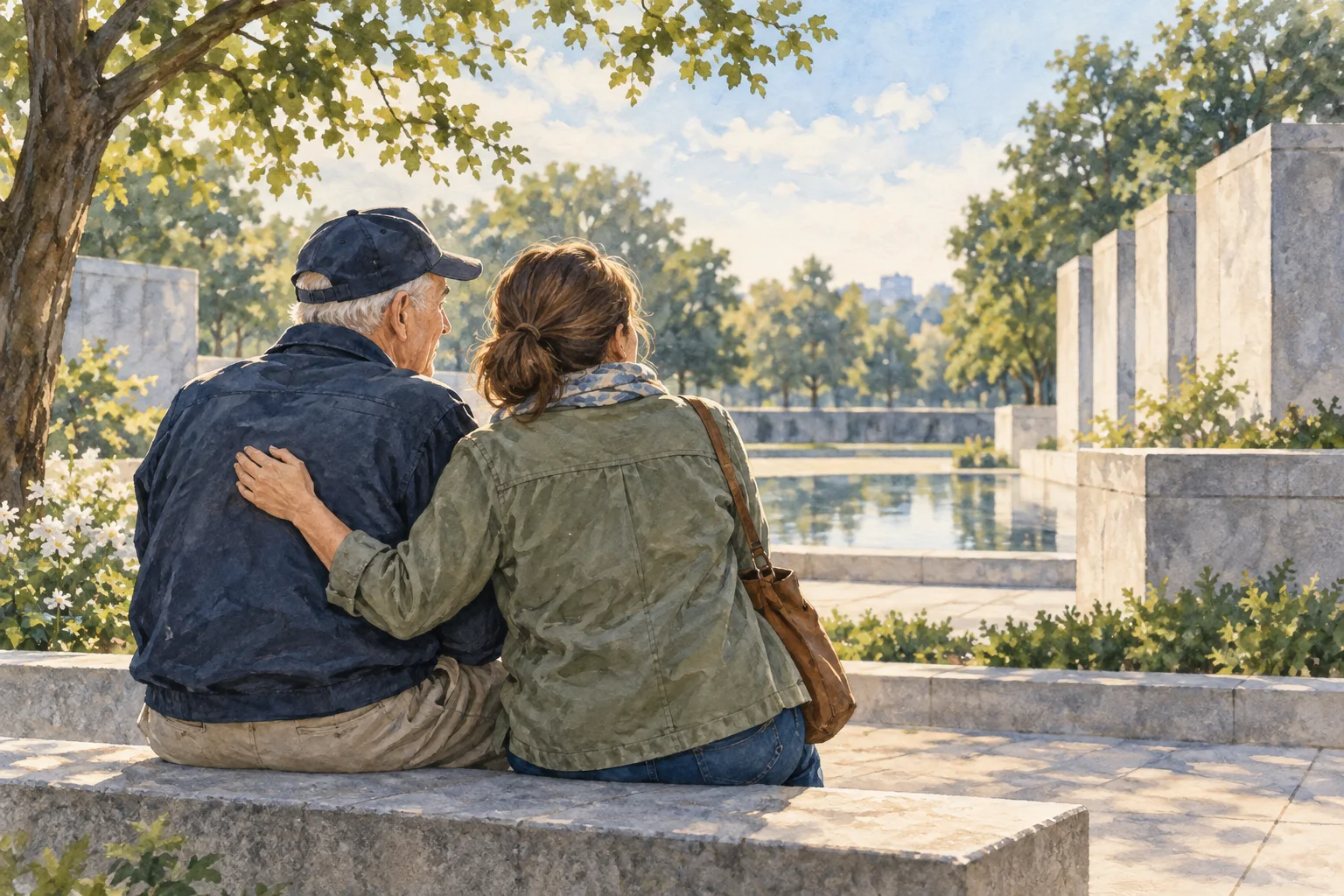Editorial illustration of an older veteran and family member sharing a quiet moment in a memorial garden