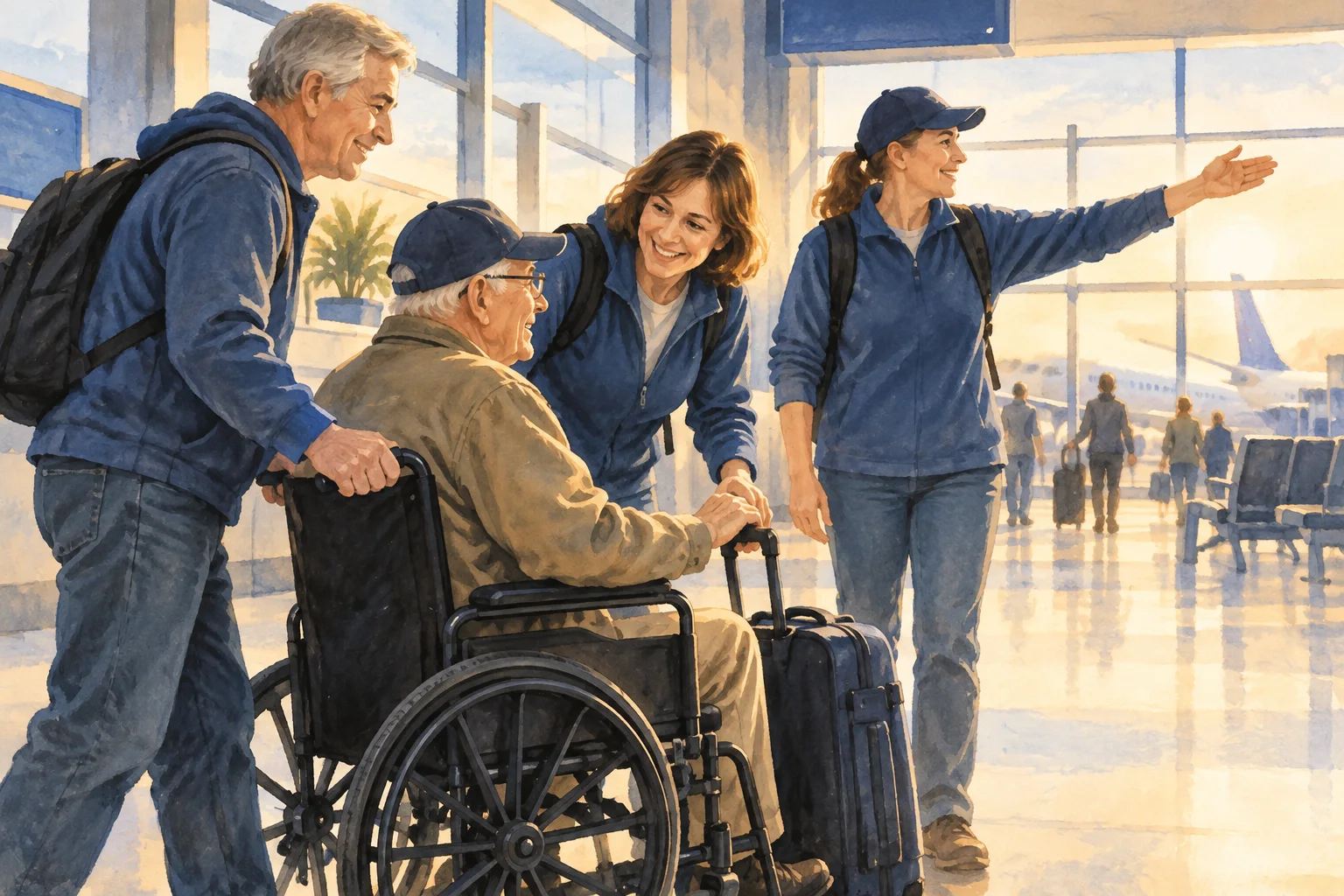 Editorial illustration of volunteers helping older travelers prepare for an airport departure
