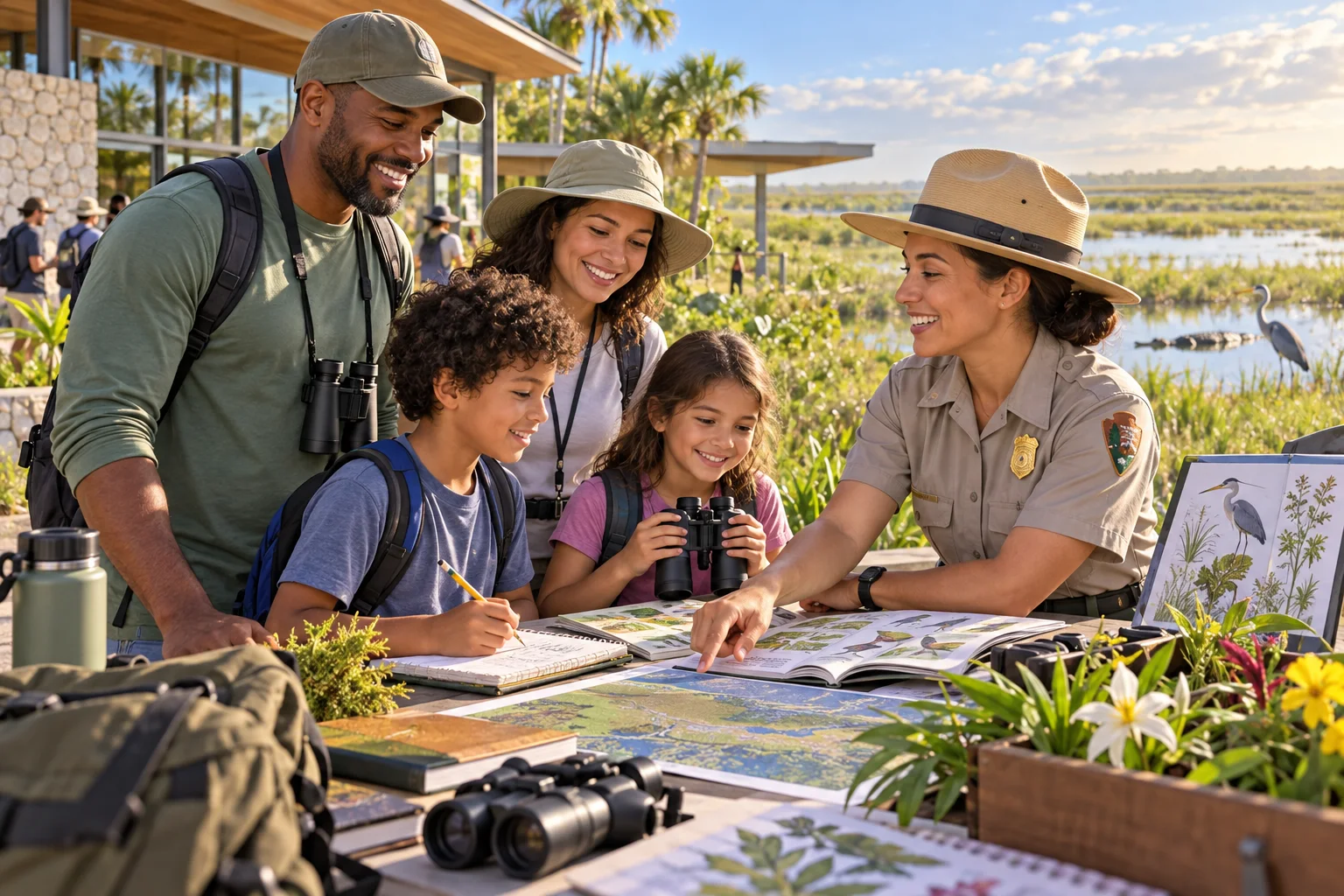 A family learns about Everglades plants and wildlife with a park ranger.