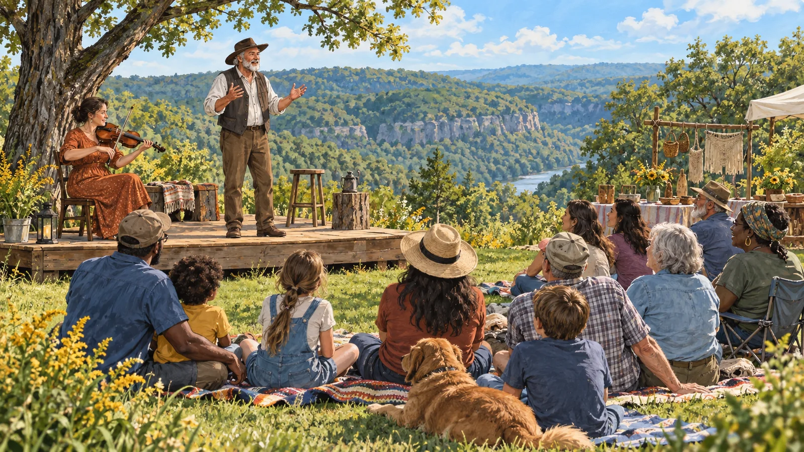 Editorial illustration of a multigenerational audience listening to a storyteller and musician at an outdoor Tennessee community gathering.
