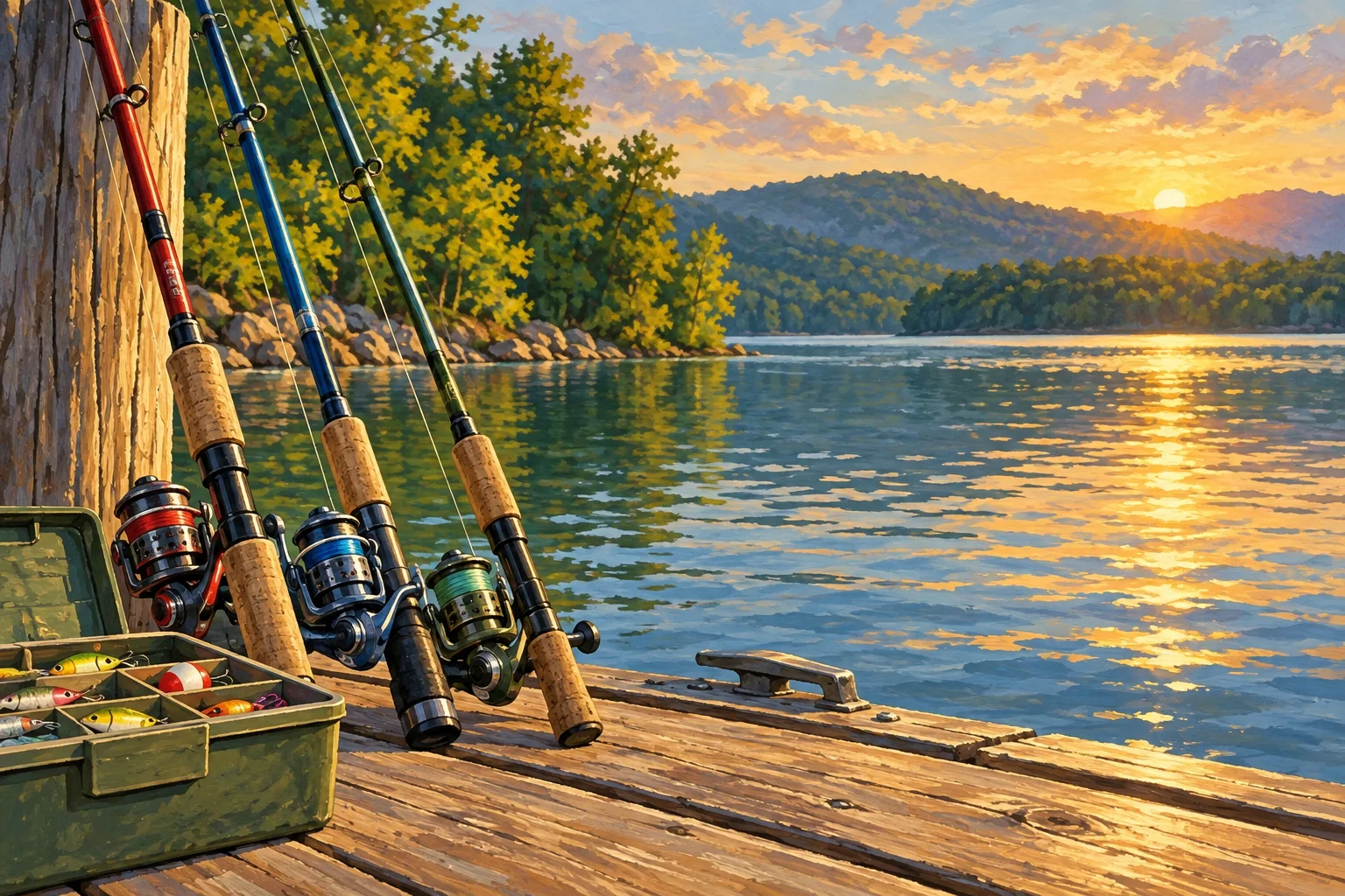 Editorial illustration of fishing rods beside a dock on Lake Cumberland