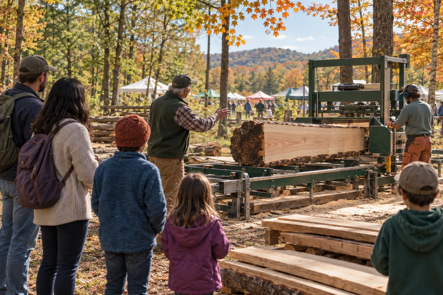 Families watching a portable sawmill demonstration in an autumn forest setting.