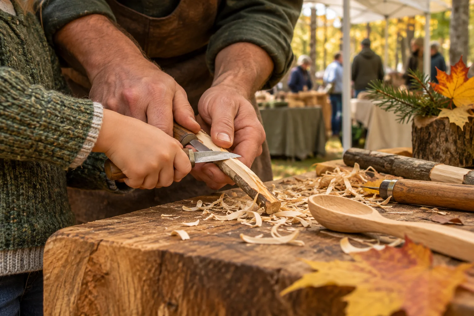 Adult and child hands shaping wood at an outdoor autumn craft table.
