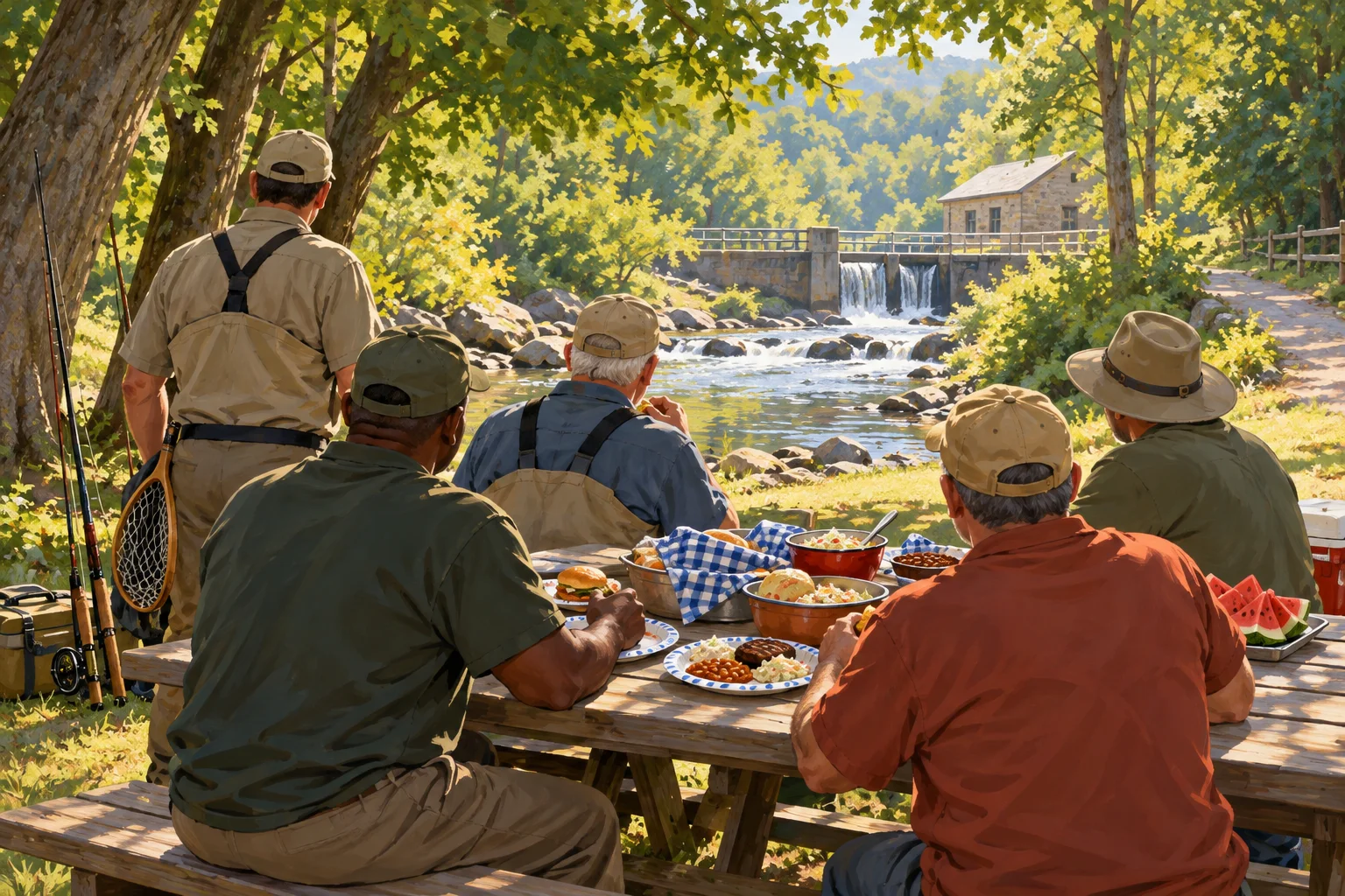 Editorial illustration of a welcoming picnic beside a shaded hatchery creek