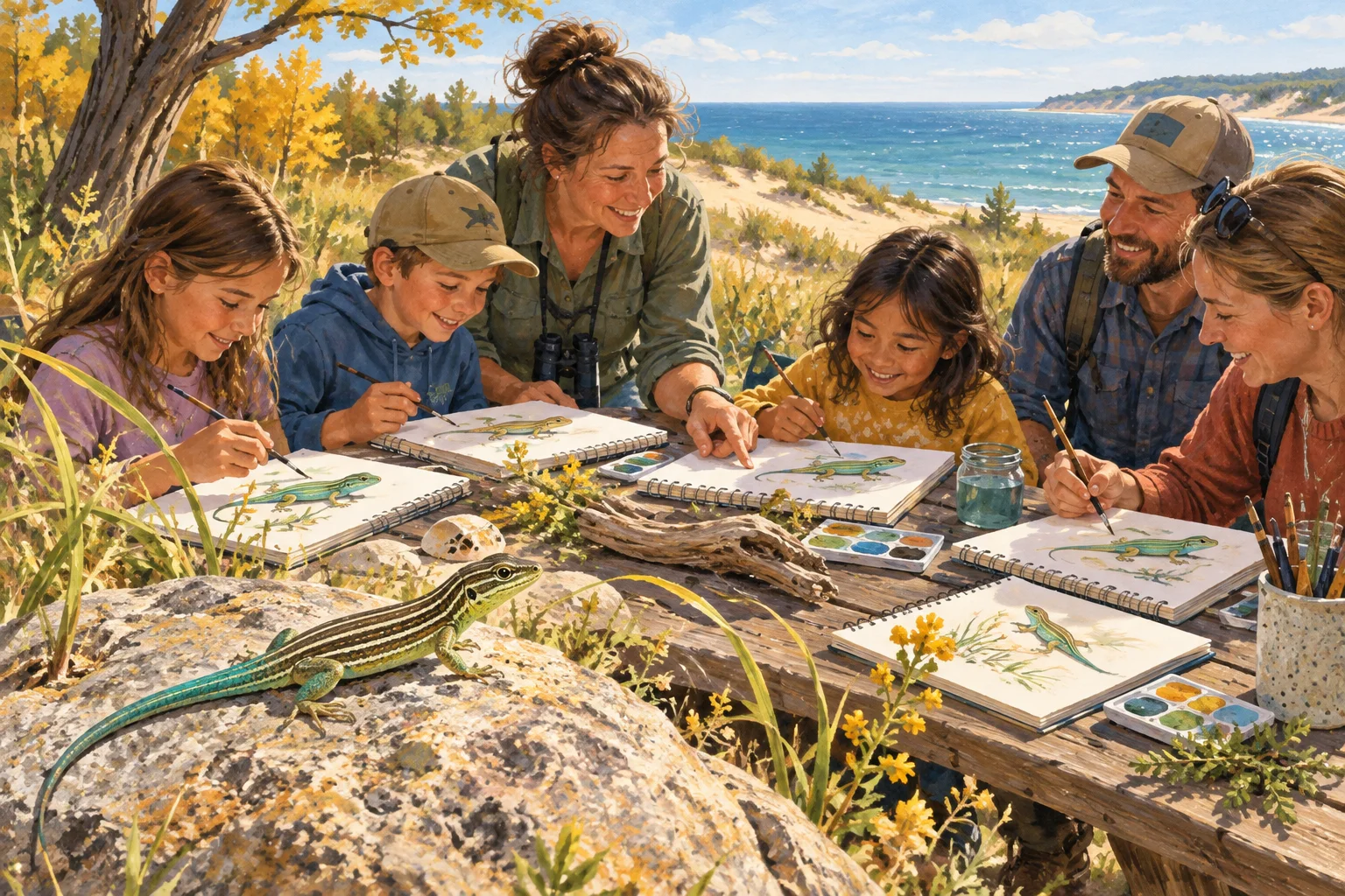 Editorial illustration of families painting small striped lizards together beside dunes and Lake Michigan