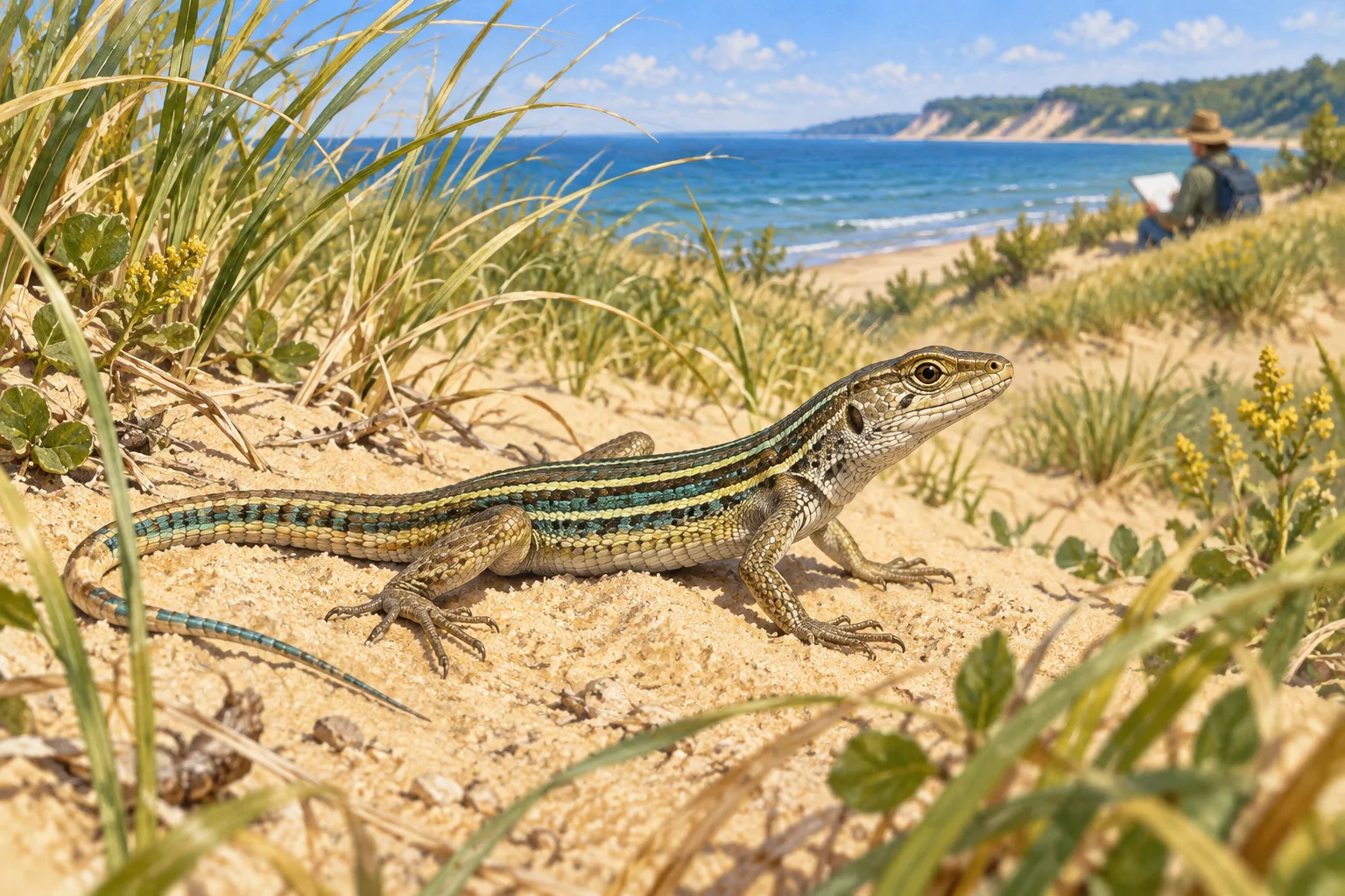 Editorial illustration of a striped racerunner lizard resting among dune grass near Lake Michigan