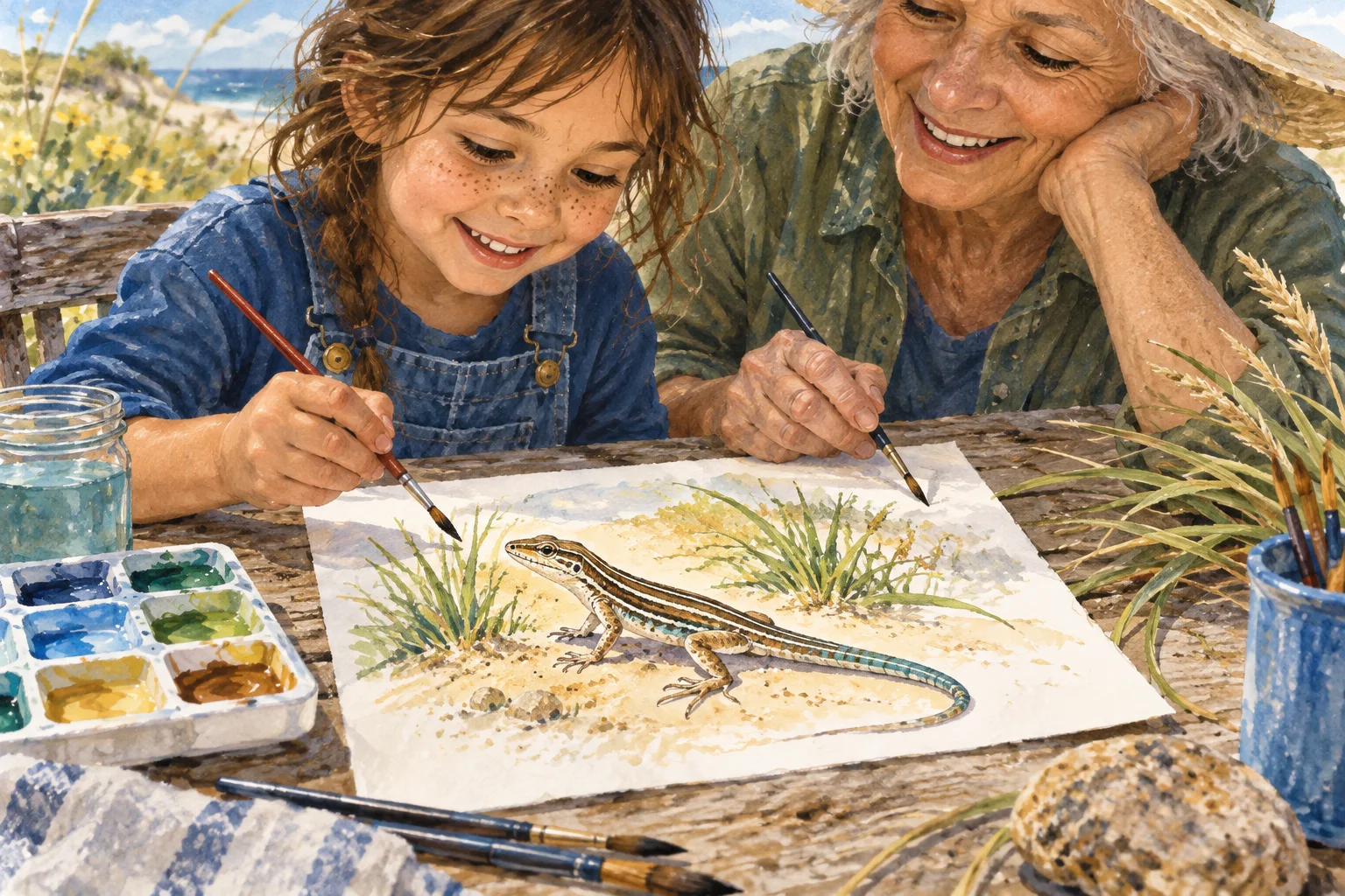 Editorial illustration of a child and grandparent painting a striped racerunner lizard with watercolors