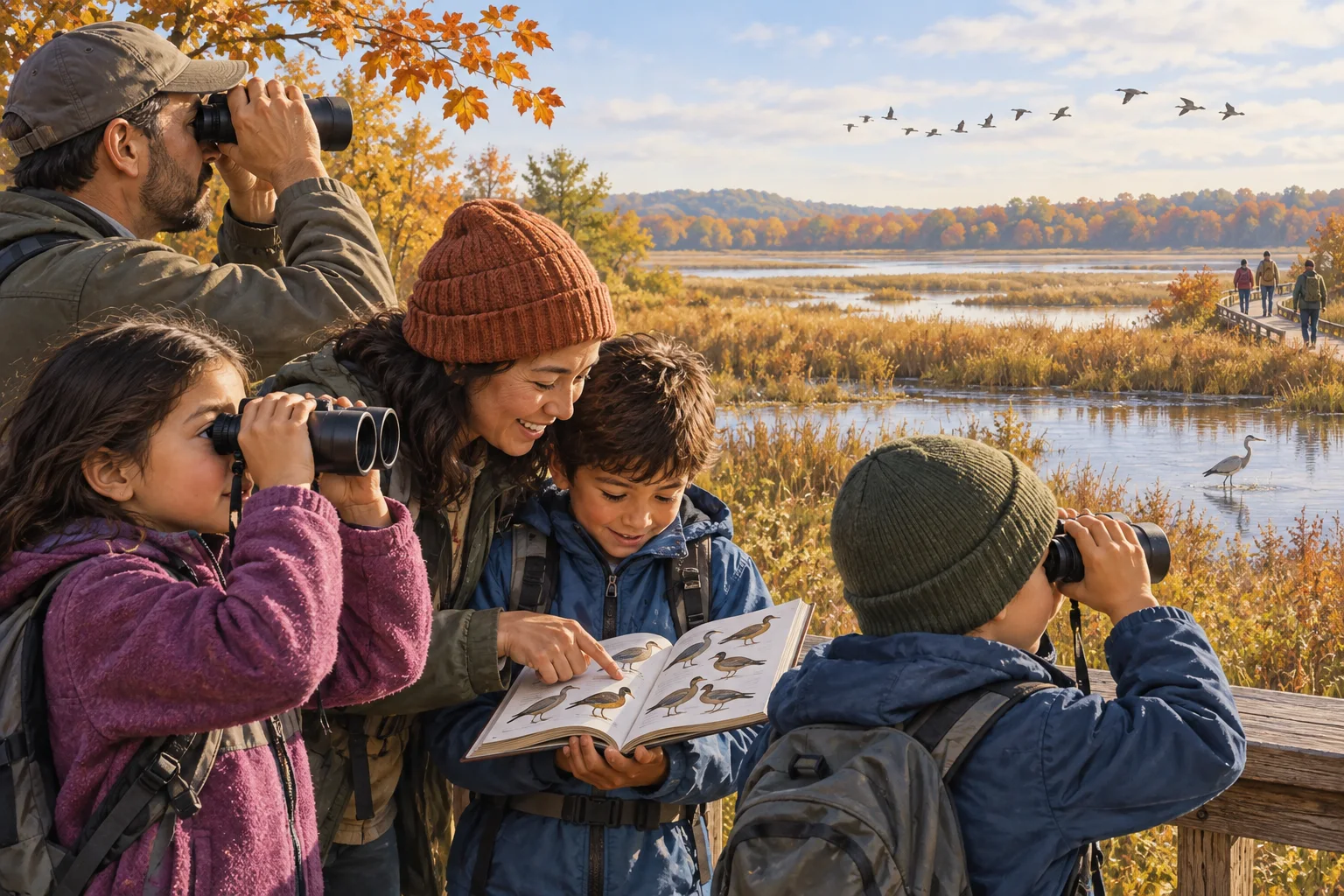 Editorial illustration of children and adults sharing binoculars and a bird field guide beside an autumn marsh