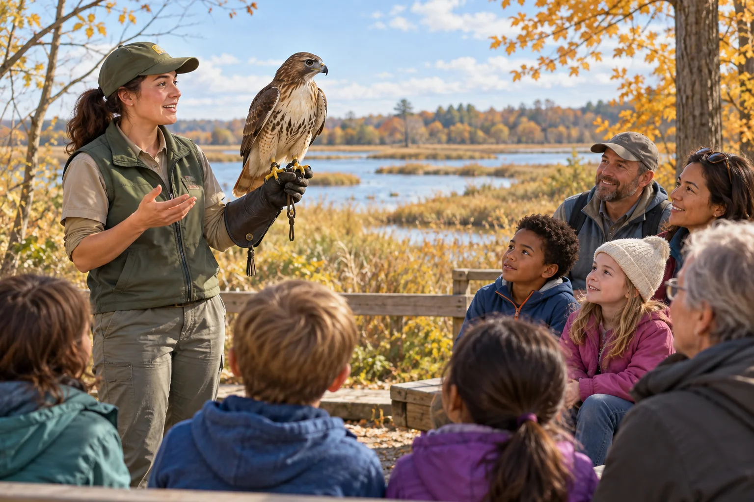 Editorial illustration of a park educator introducing a perched hawk to a mixed-age audience at an outdoor wildlife refuge program