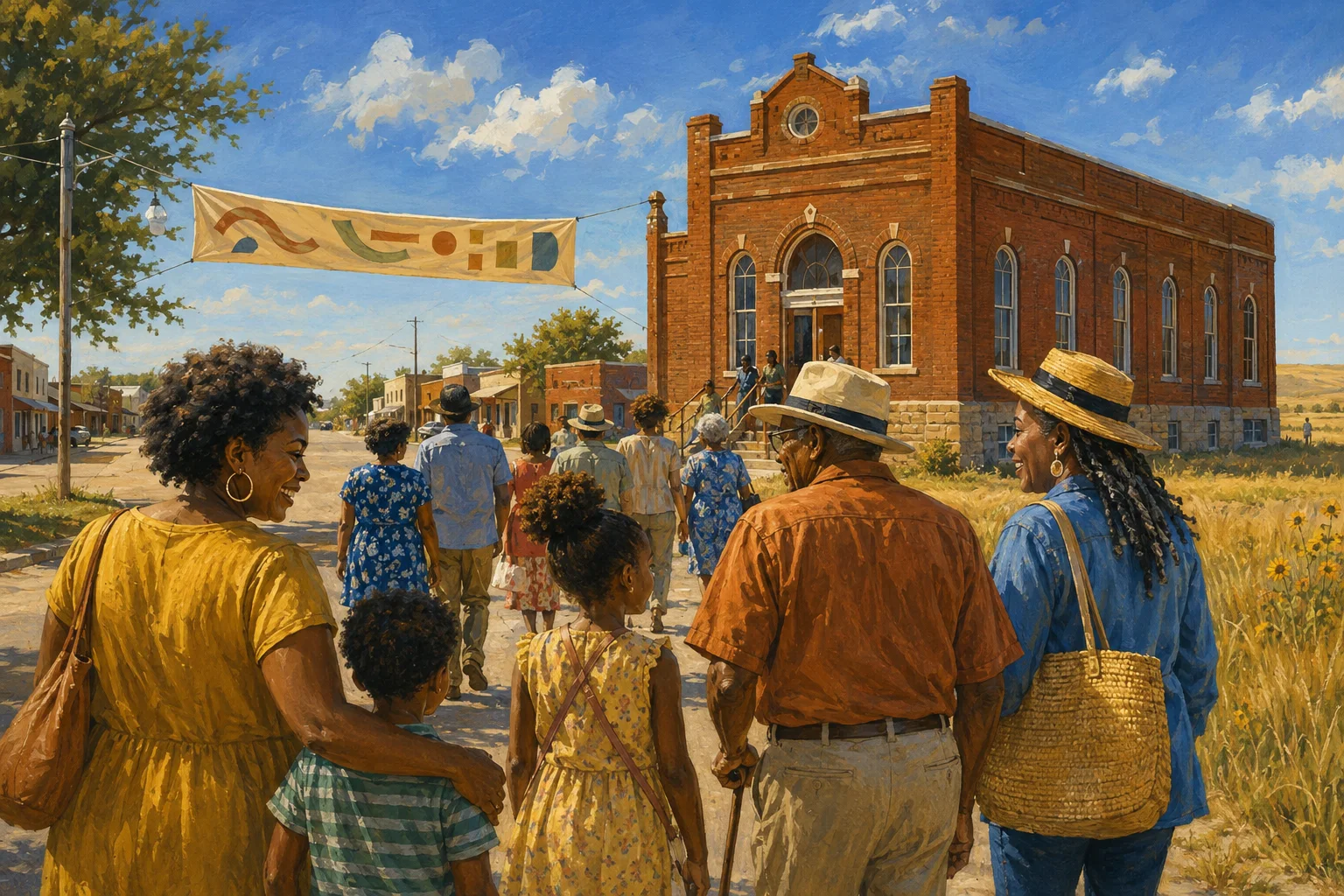 Multigenerational Black American visitors and volunteers approach a red-brick township hall under a bright Kansas sky