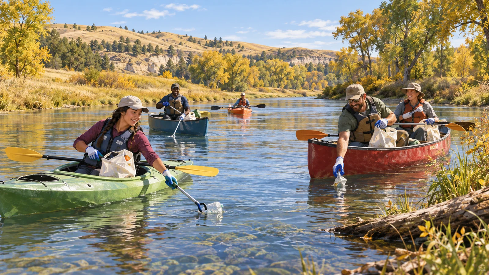 Editorial illustration of volunteers in canoes and kayaks collecting litter along a calm river in early autumn.