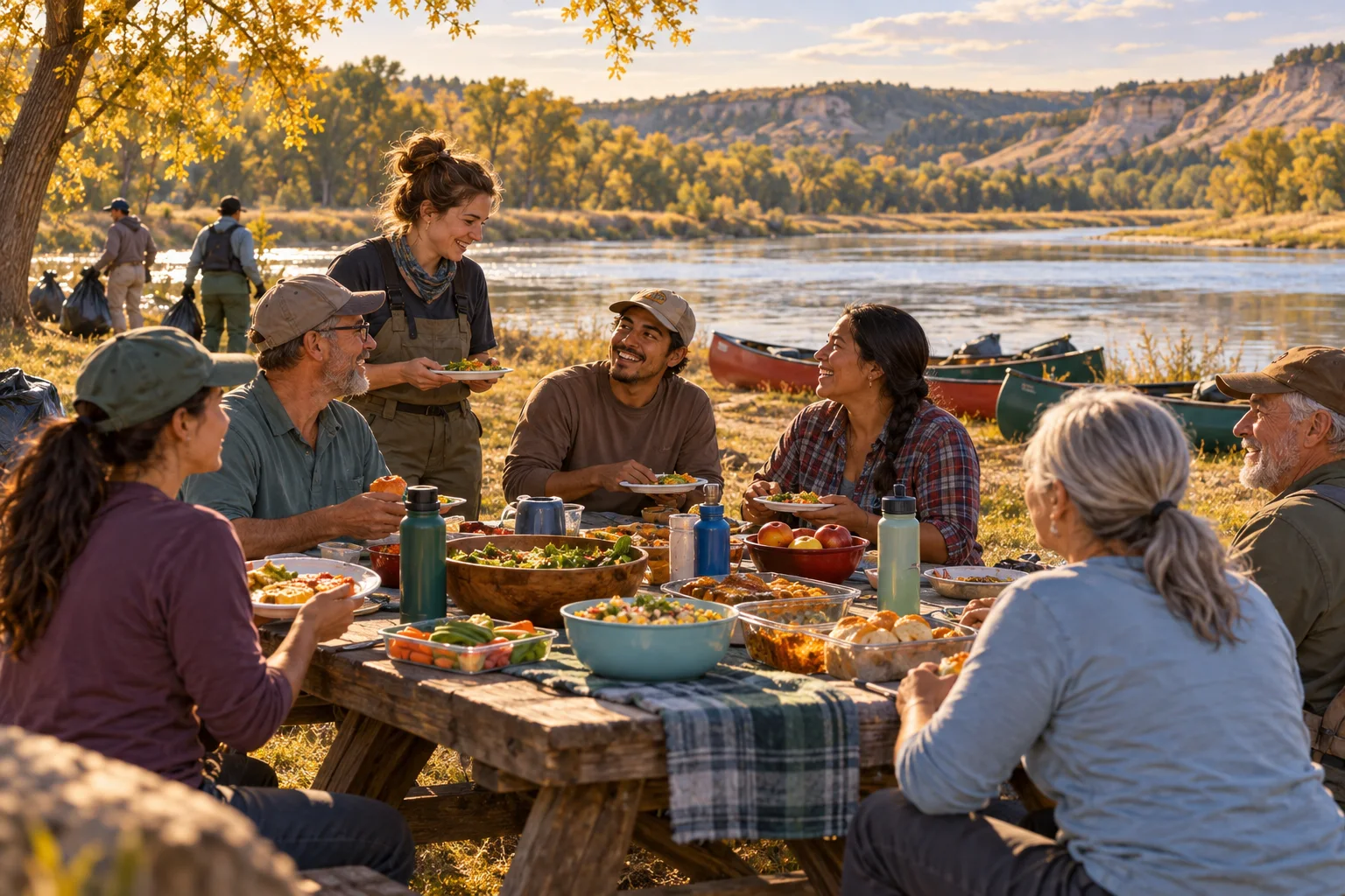 Editorial illustration of volunteers sharing a community potluck beside a river after a day of service.