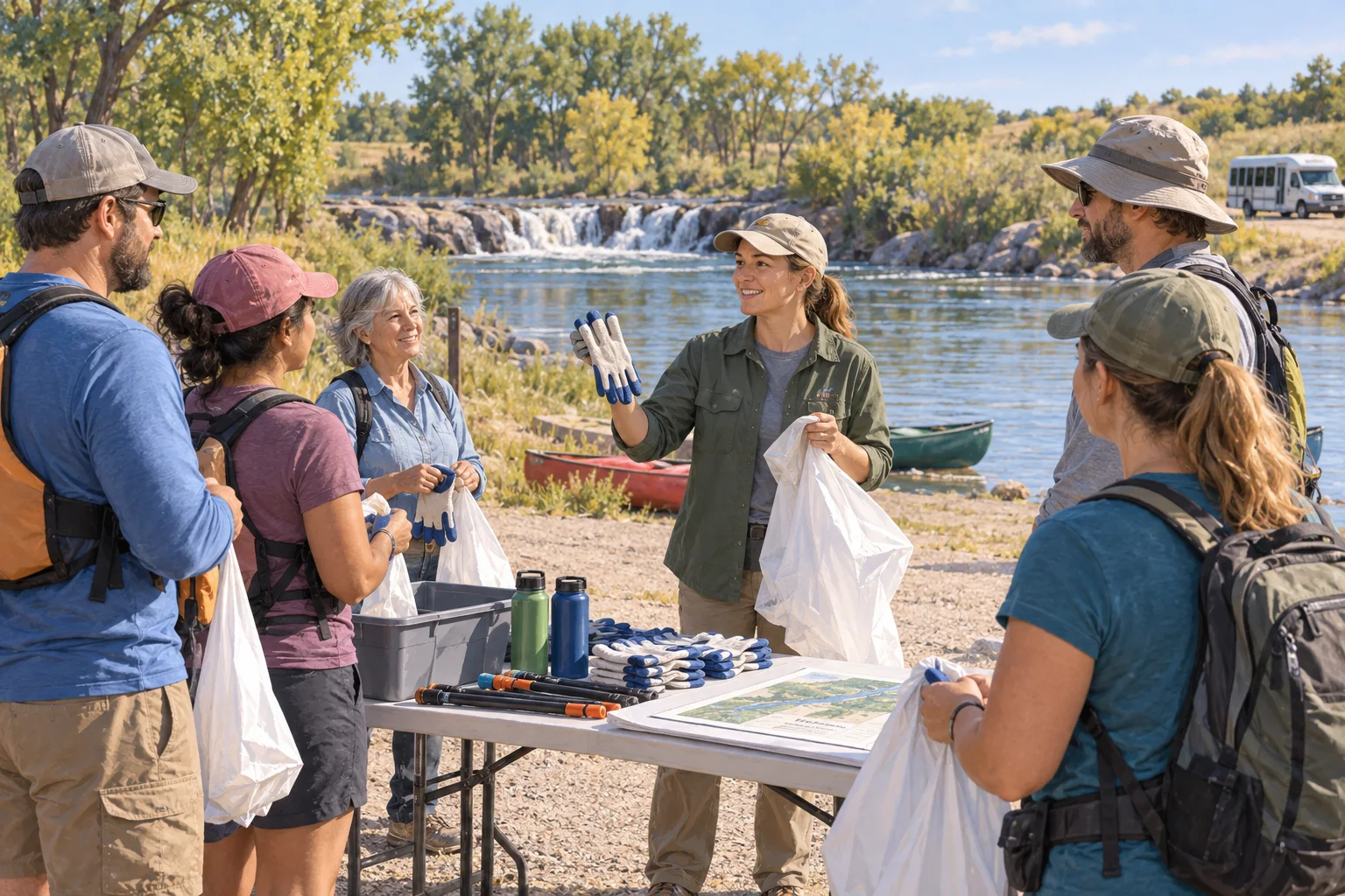 Editorial illustration of volunteers gathering beside a river with gloves and litter bags before a community clean-up.