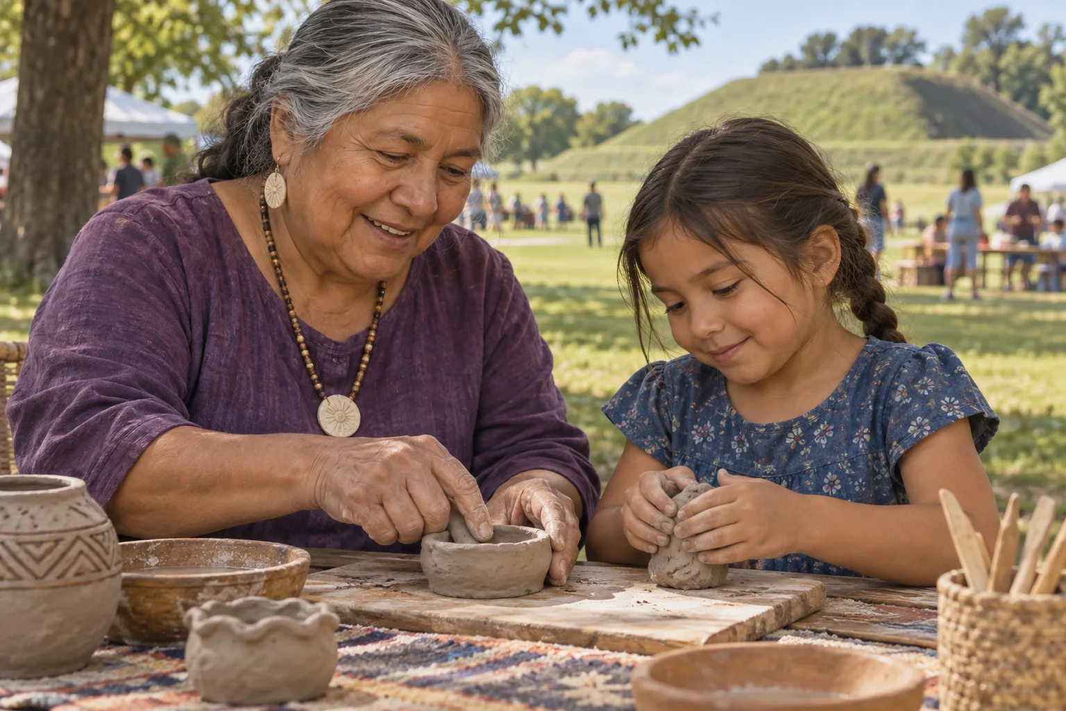 Editorial illustration of an elder and child shaping clay together at an outdoor arts table