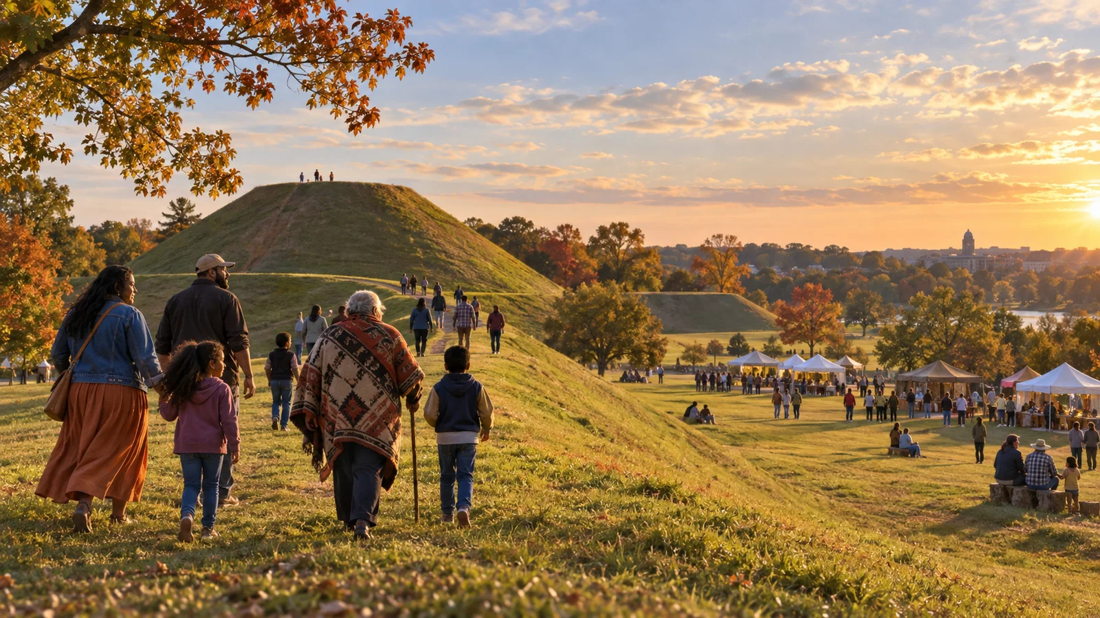 Editorial illustration of families walking beside a grassy earthwork in warm afternoon light
