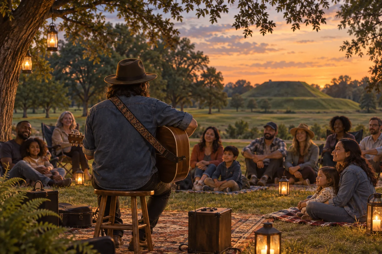 Editorial illustration of a community listening to an outdoor acoustic music performance at dusk