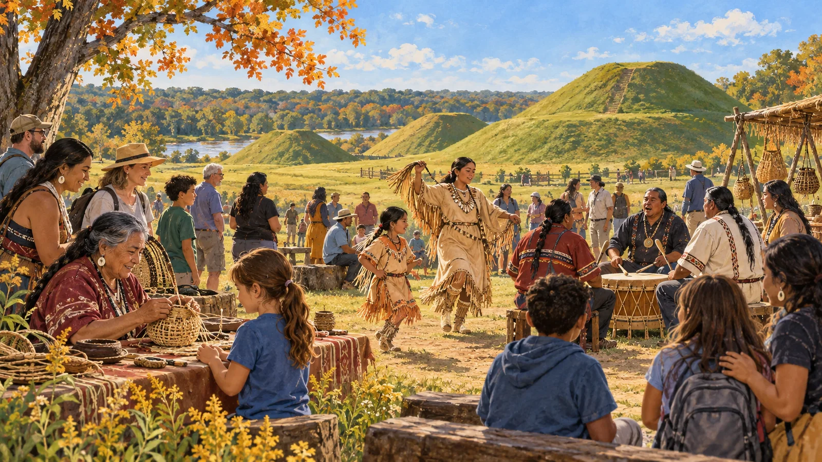 Editorial illustration of families and cultural presenters gathering outdoors near the Ocmulgee mounds in Georgia.