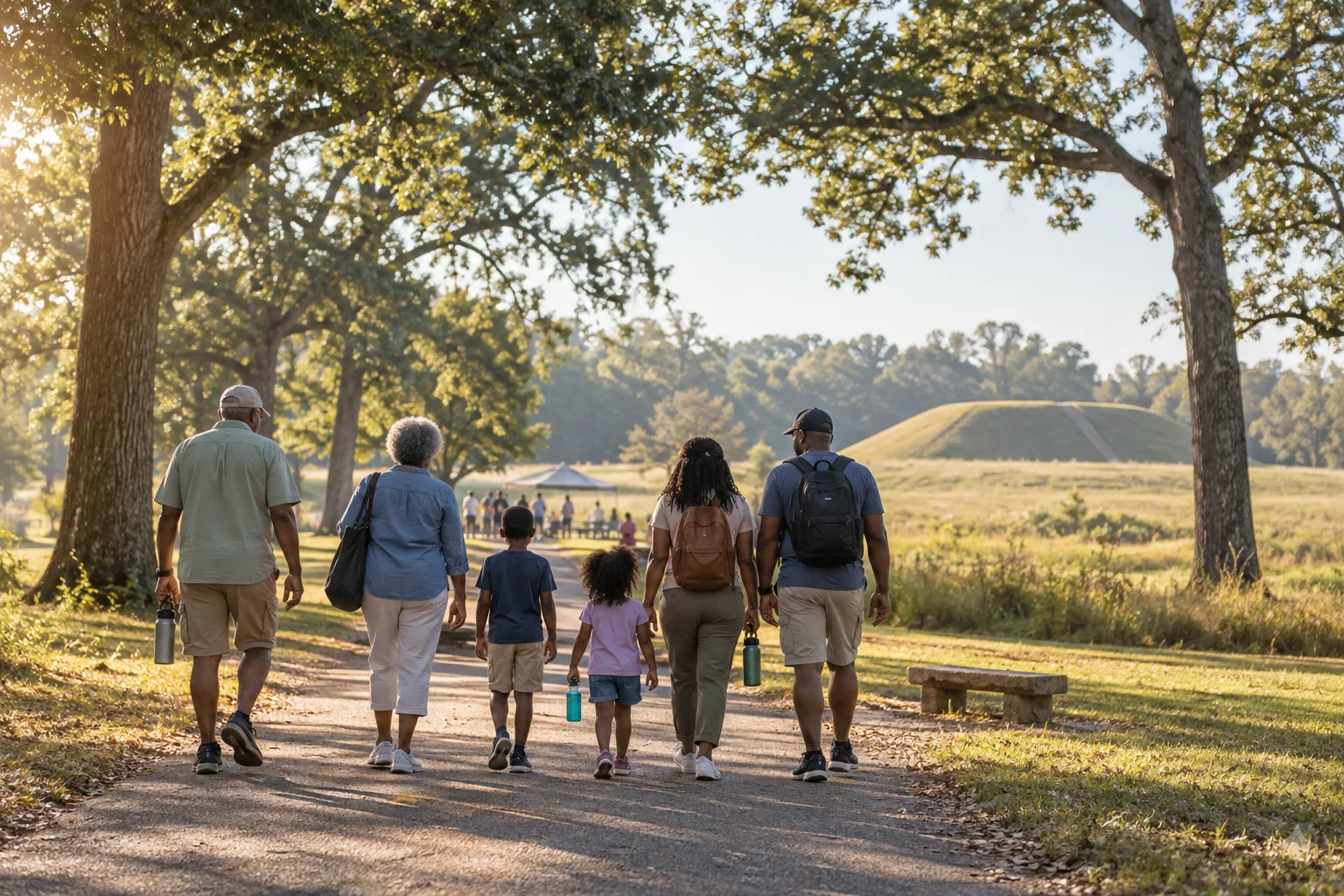 A multigenerational family walks along a tree-lined path toward earthen mounds on a warm morning.