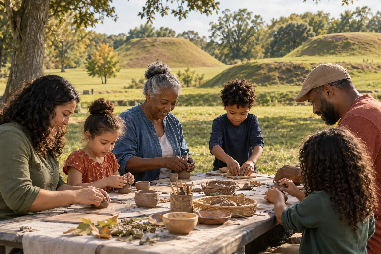Family members make simple clay shapes together at an outdoor park craft table.