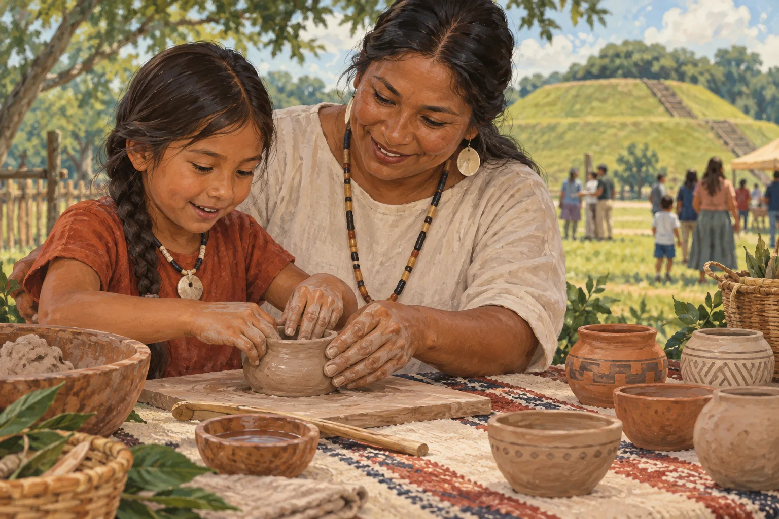 Editorial illustration of an adult guiding a child’s hands as they shape a small clay pot at an outdoor cultural learning table.