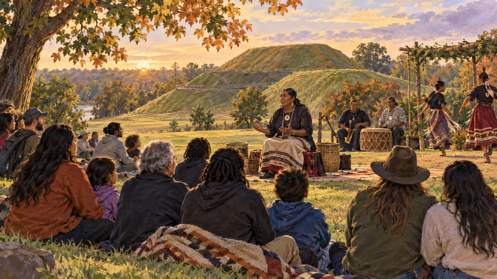 Editorial illustration of families listening together during a public storytelling and music gathering on a lawn near the Ocmulgee mounds.
