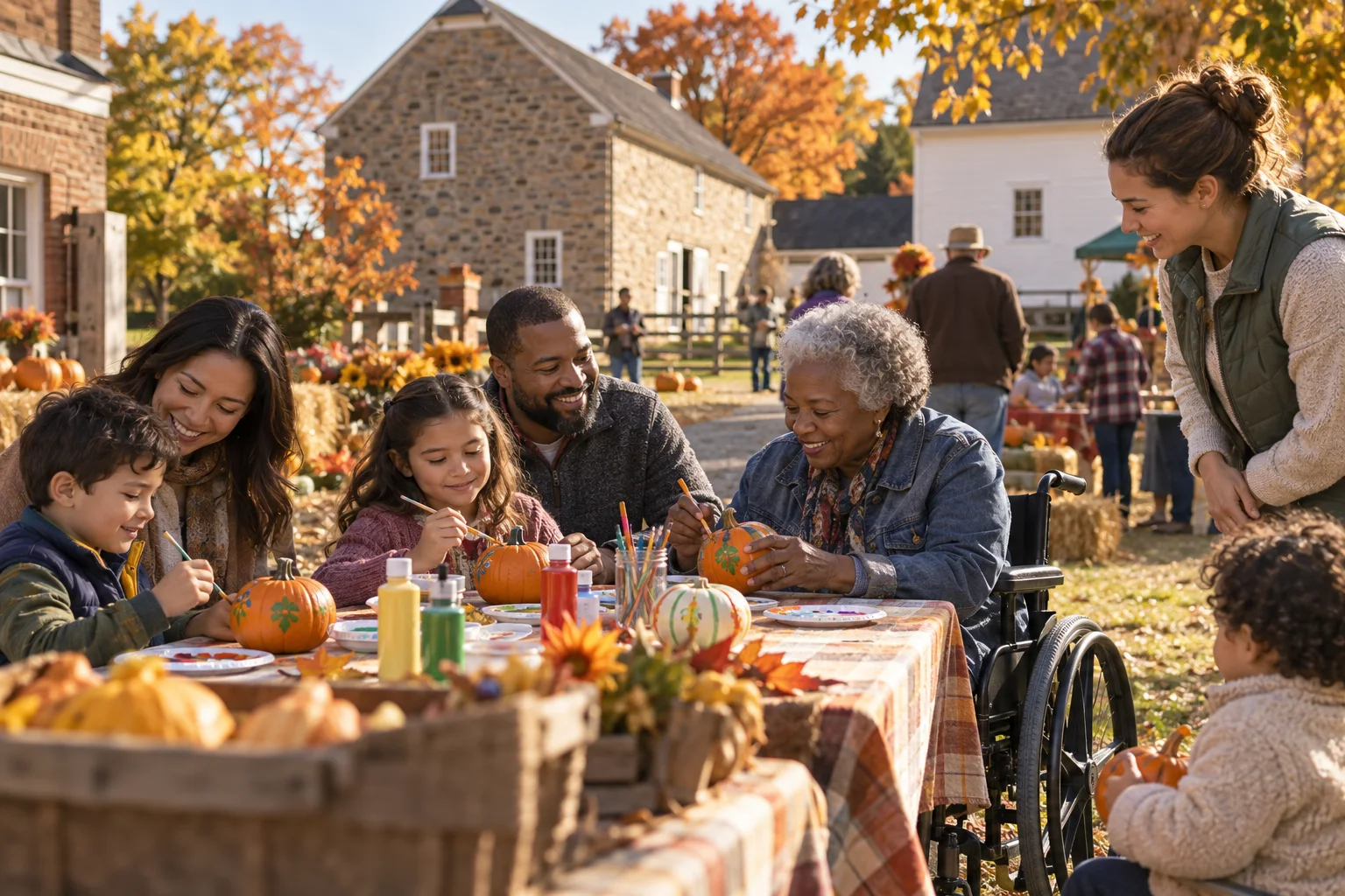 Editorial illustration of multigenerational neighbors including a wheelchair user painting pumpkins together at a historic farm courtyard in autumn.