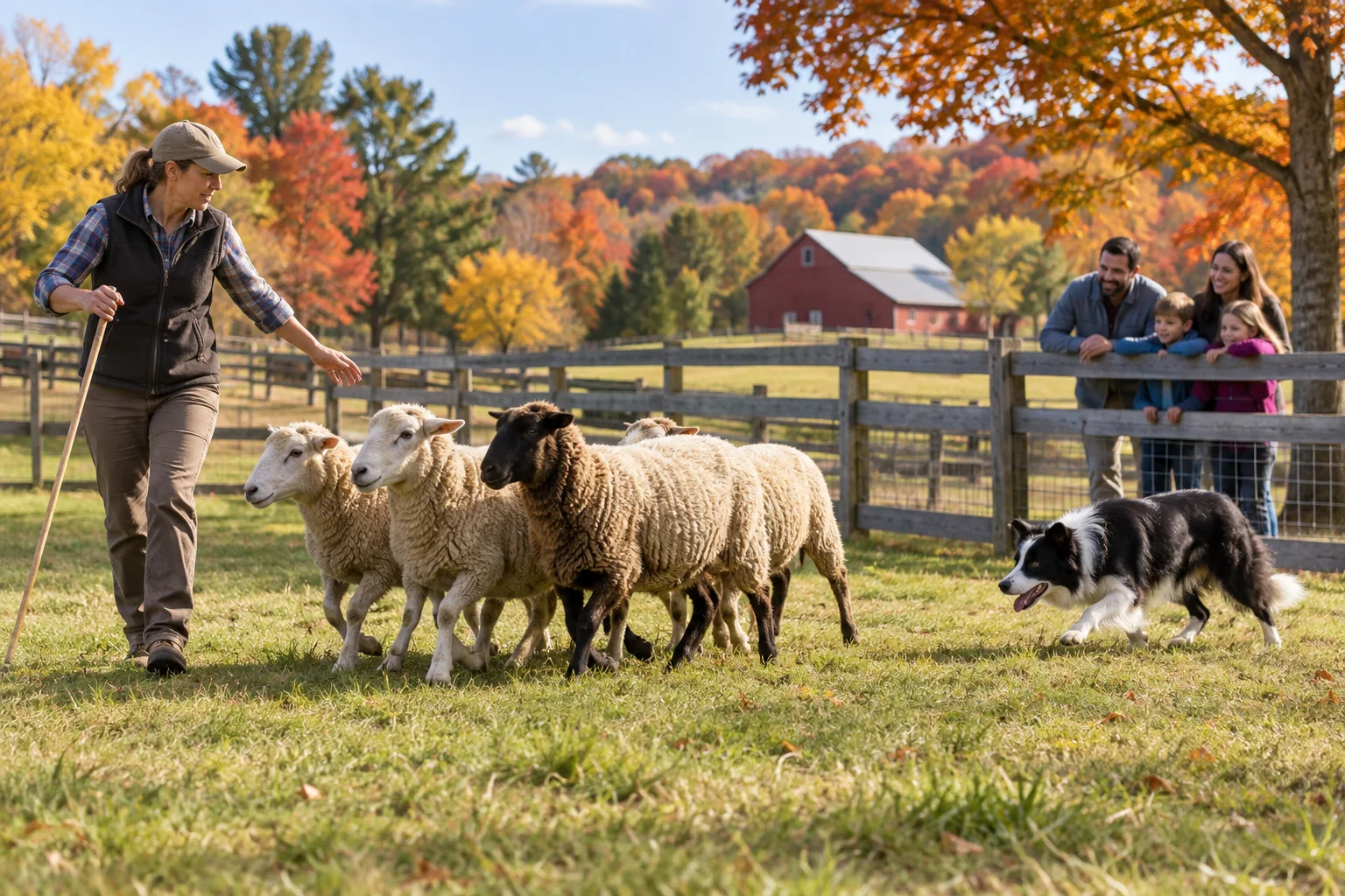 Editorial illustration of a sheepdog handler guiding a border collie and sheep through a sunny autumn pasture as a family watches.