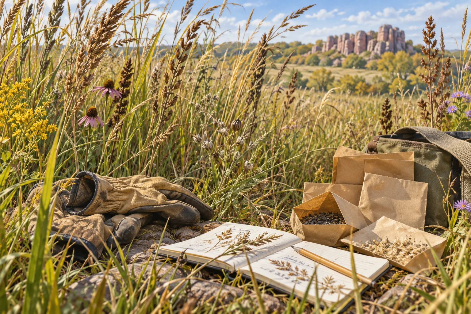 Editorial illustration of native prairie seed heads, paper seed envelopes, gloves and a field notebook in autumn grass.