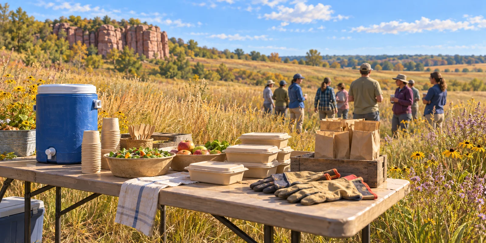 Editorial illustration of a simple volunteer lunch table beside a sunny autumn prairie.