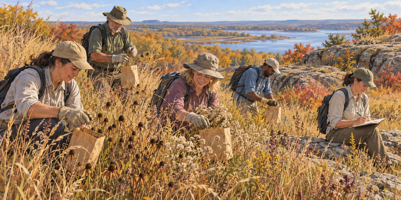 Editorial illustration of volunteers gathering native prairie seed in tall grass on a clear autumn day.