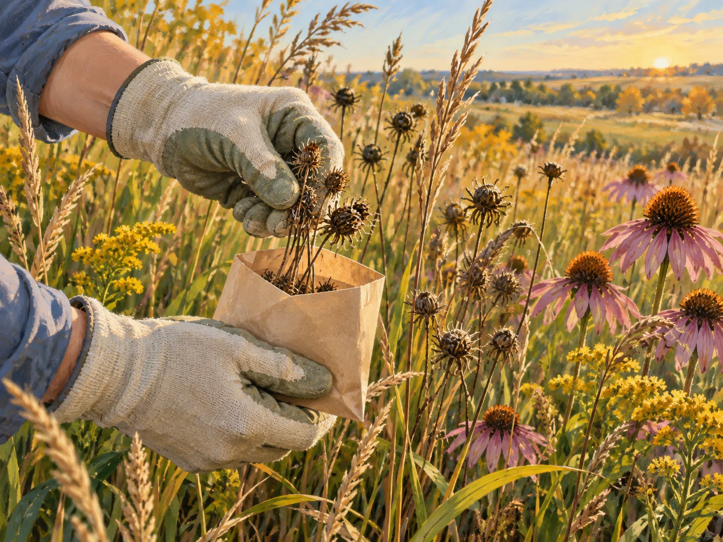 Editorial illustration of gloved hands collecting native prairie seeds into a paper envelope