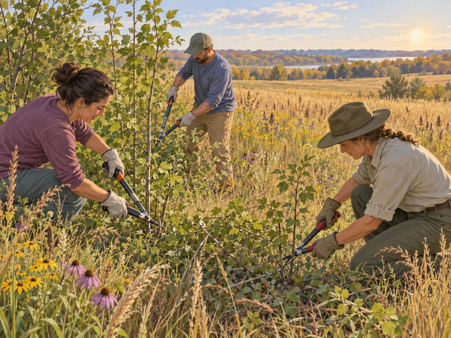 Editorial illustration of volunteers carefully removing small saplings in a tallgrass prairie
