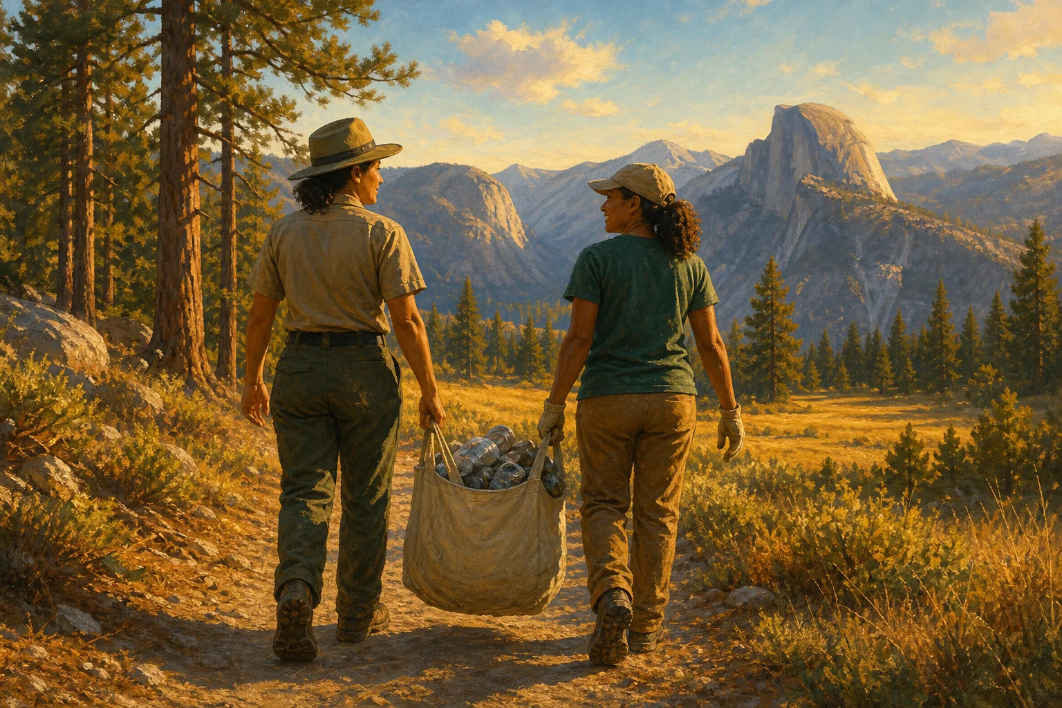 A park ranger and an adult volunteer carry a reusable collection bag together along a golden mountain meadow trail with granite peaks in the distance