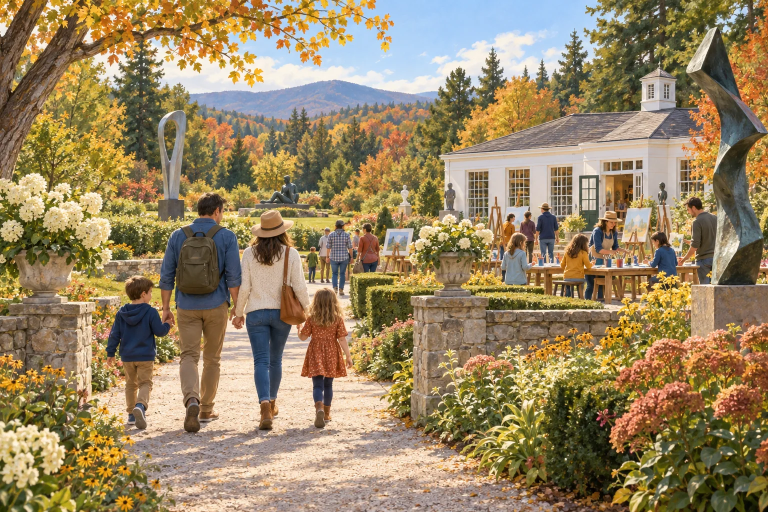 Families walk through a sunny garden toward outdoor art tables and easels at a historic park.