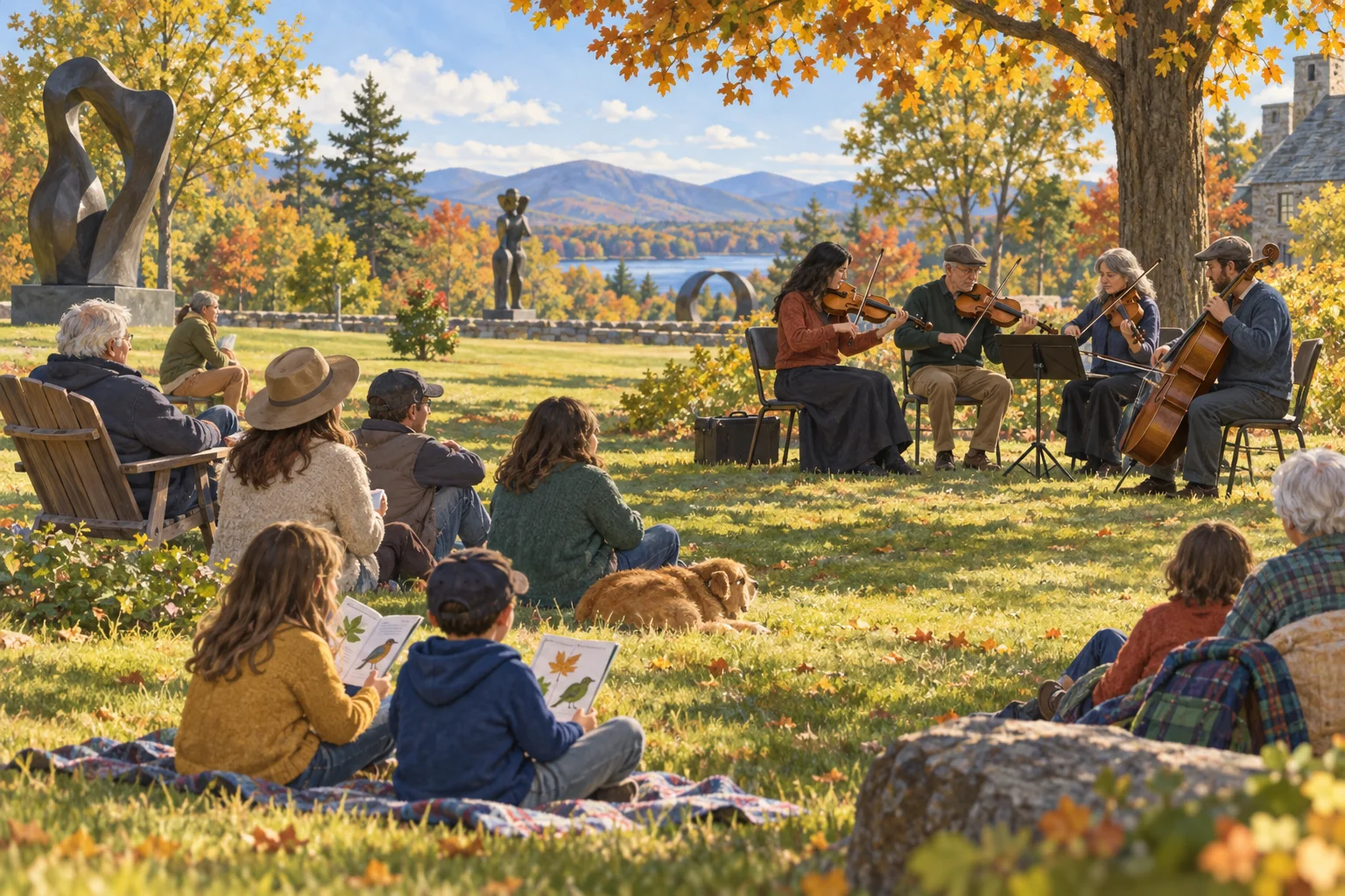 Families relax on a sunny lawn while a small fiddle ensemble performs outdoors beside sculpture-garden trees.