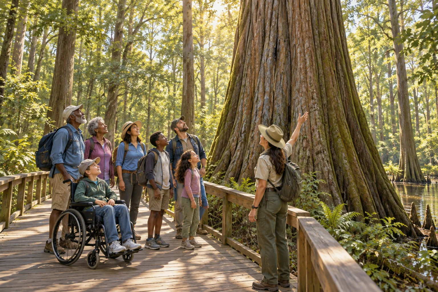 Editorial illustration of hikers looking up at a giant tree in Congaree National Park