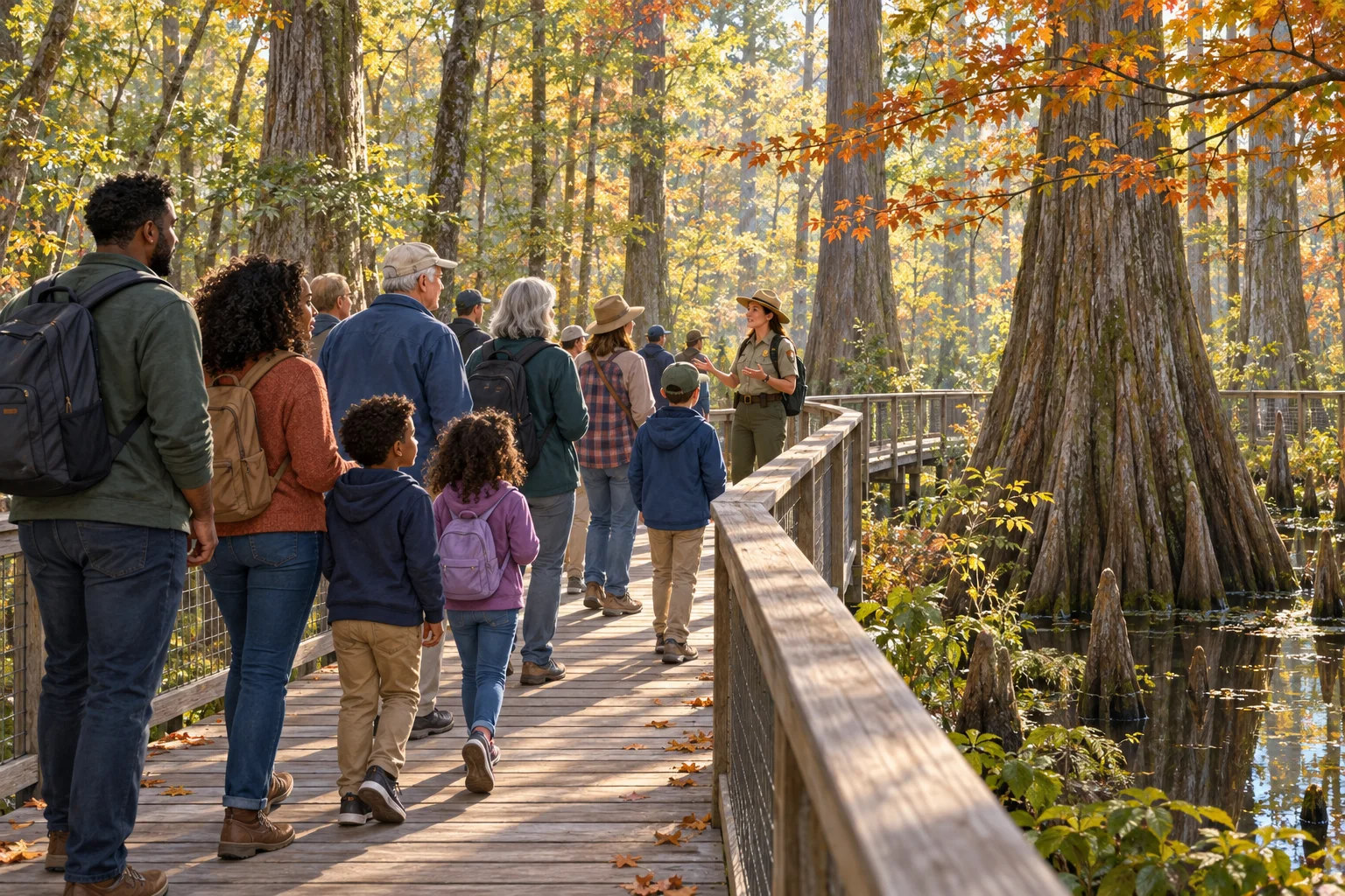 Editorial illustration of visitors walking a boardwalk through Congaree National Park