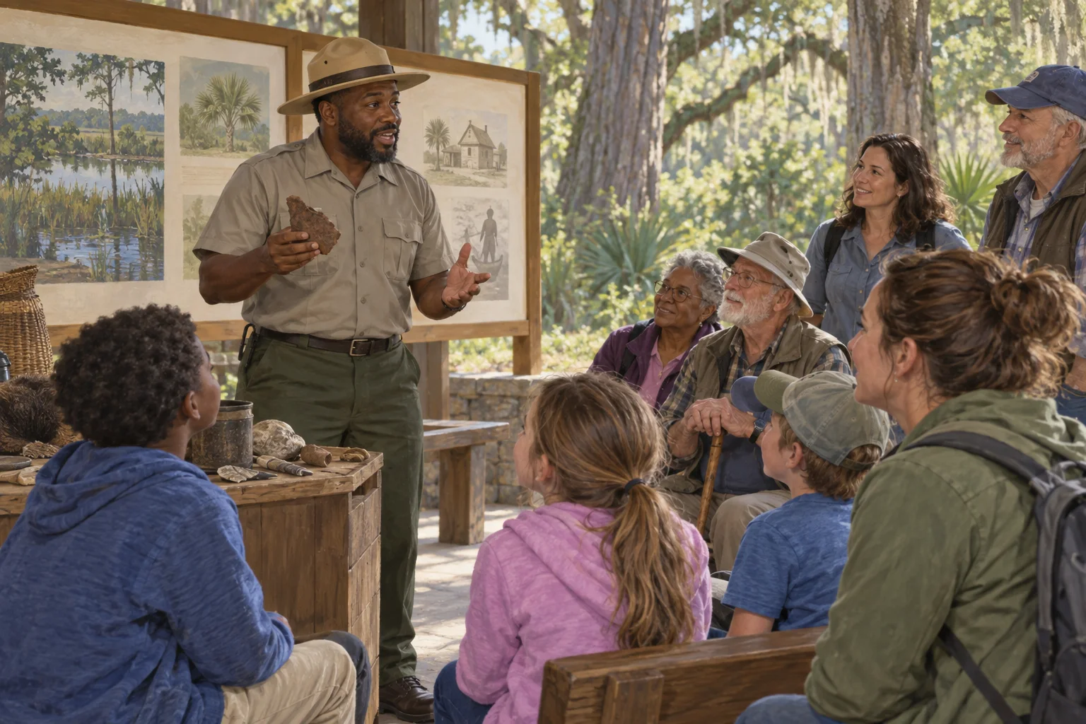 Editorial illustration of a community speaker sharing a story with visitors at Congaree National Park
