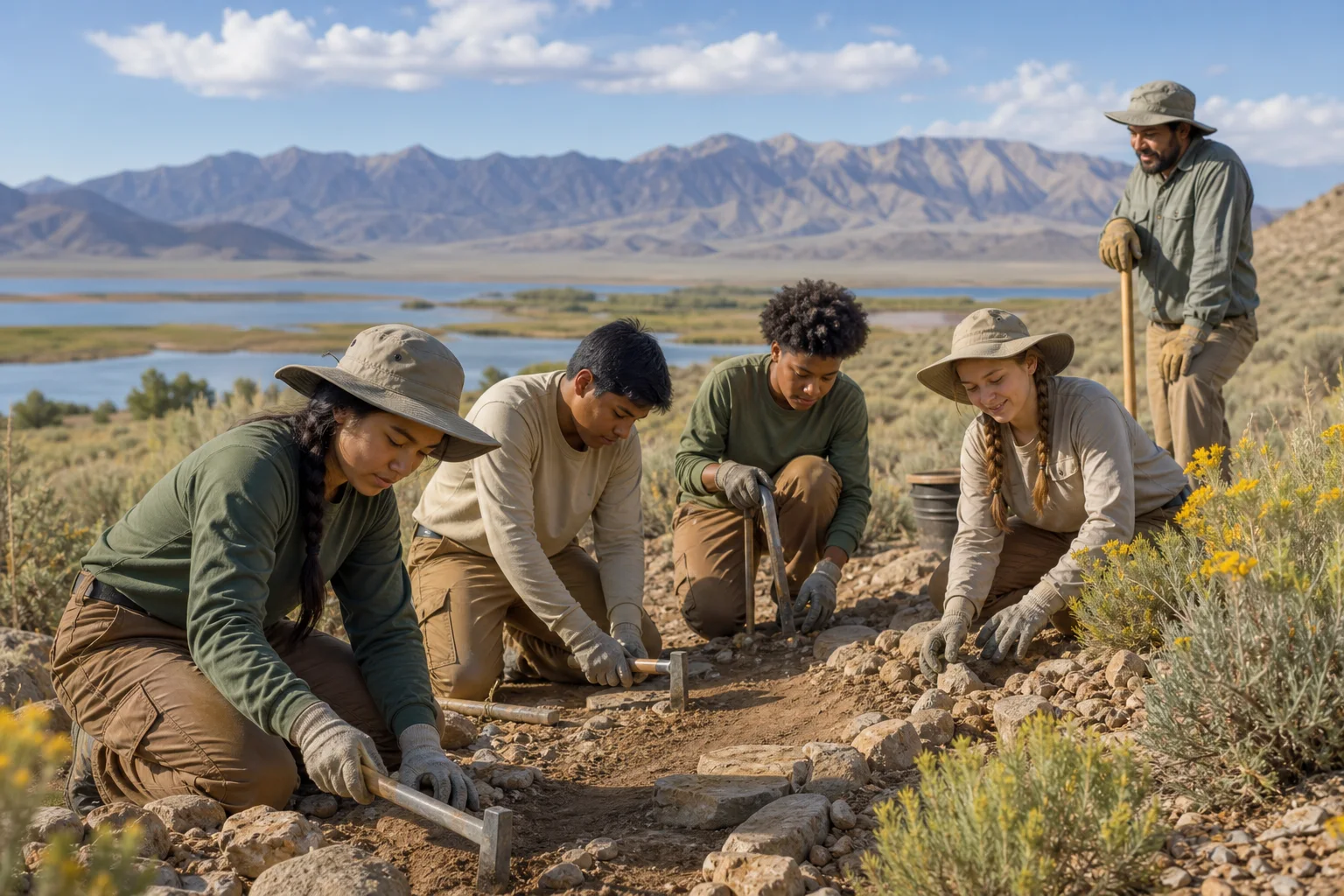 Four teen conservation workers repair a desert refuge trail with a mentor beside a Nevada wetland