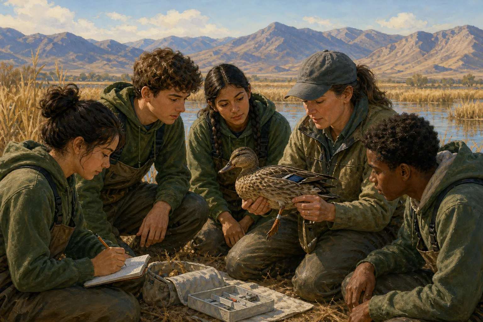 Teen conservation workers learn careful waterfowl fieldwork from a wildlife biologist beside a Nevada marsh