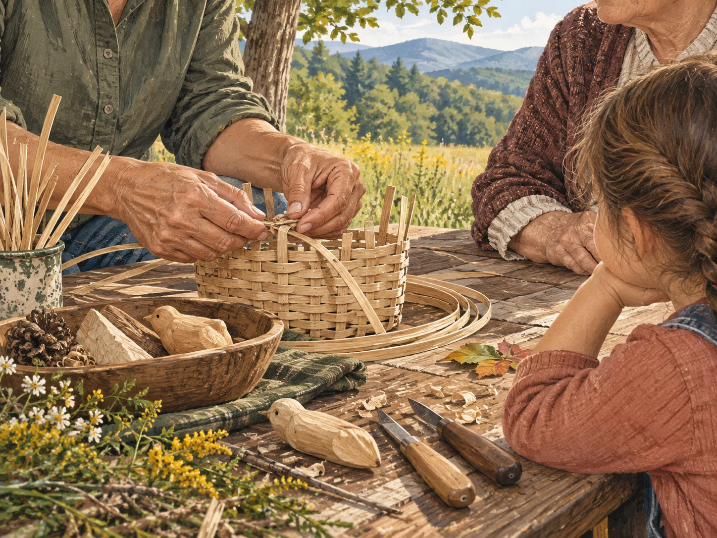 Editorial illustration of multiple generations sharing a simple handmade craft at an outdoor table.