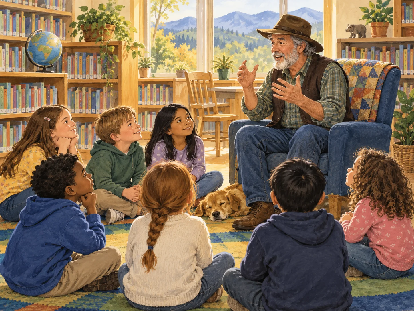 Editorial illustration of a storyteller sharing a story with children in a warm school library.
