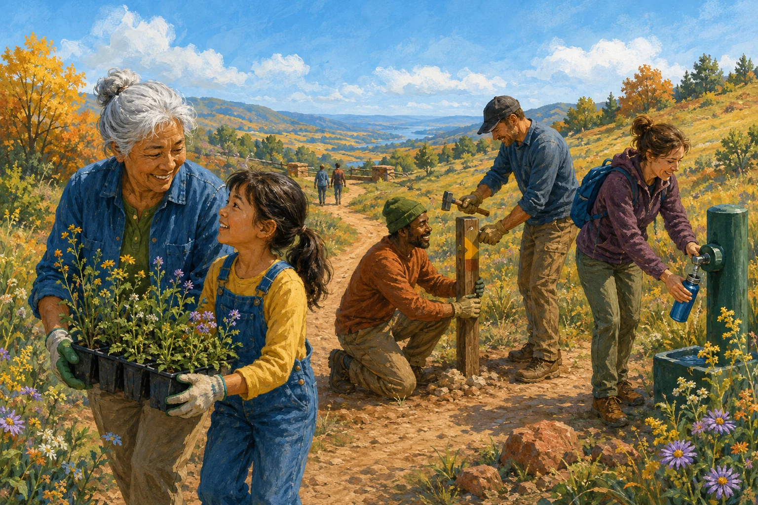A grandparent and child carry native flower seedlings as fellow volunteers care for a sunny trail.