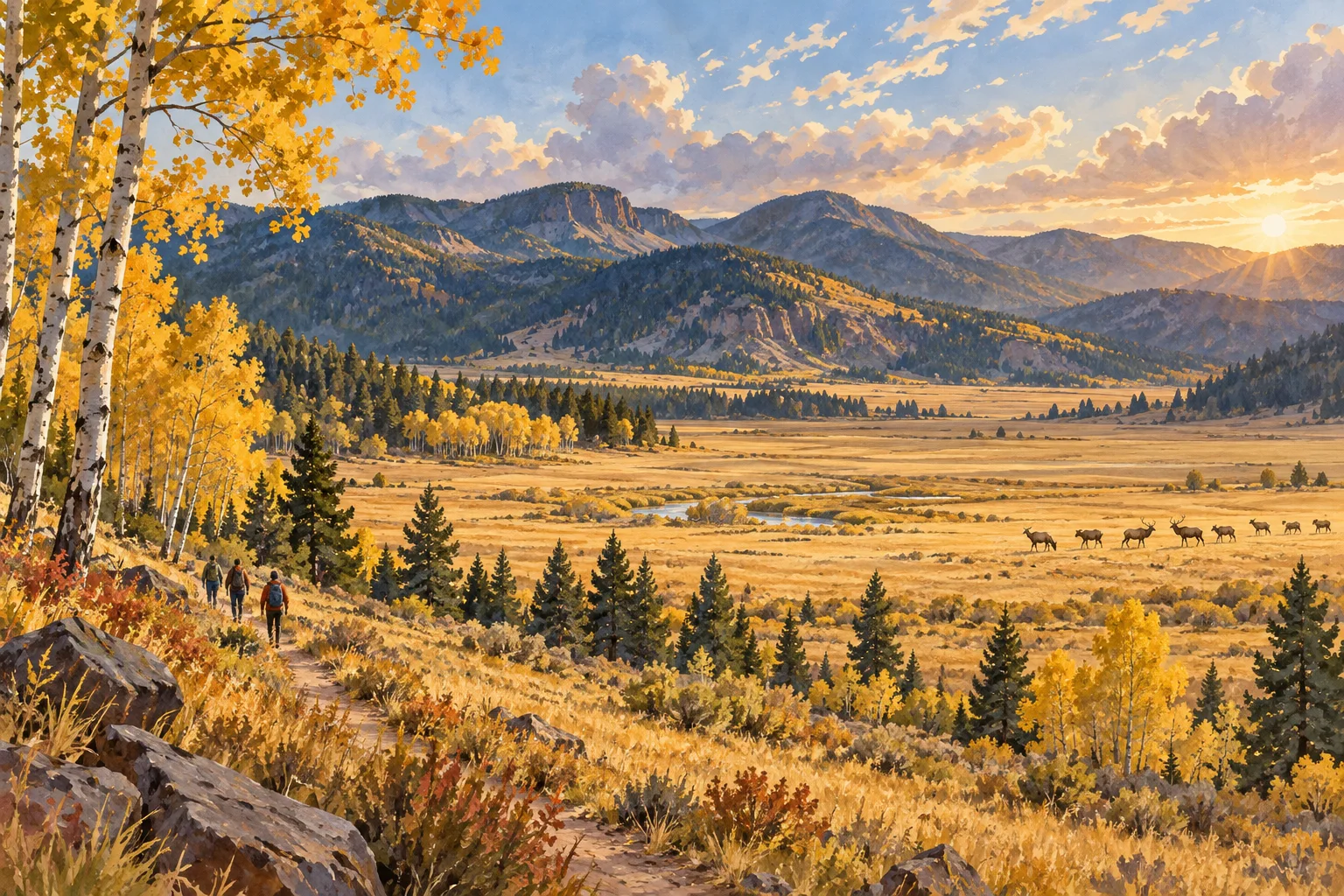 Editorial illustration of golden aspens, an open valley, distant elk and people walking along a trail.