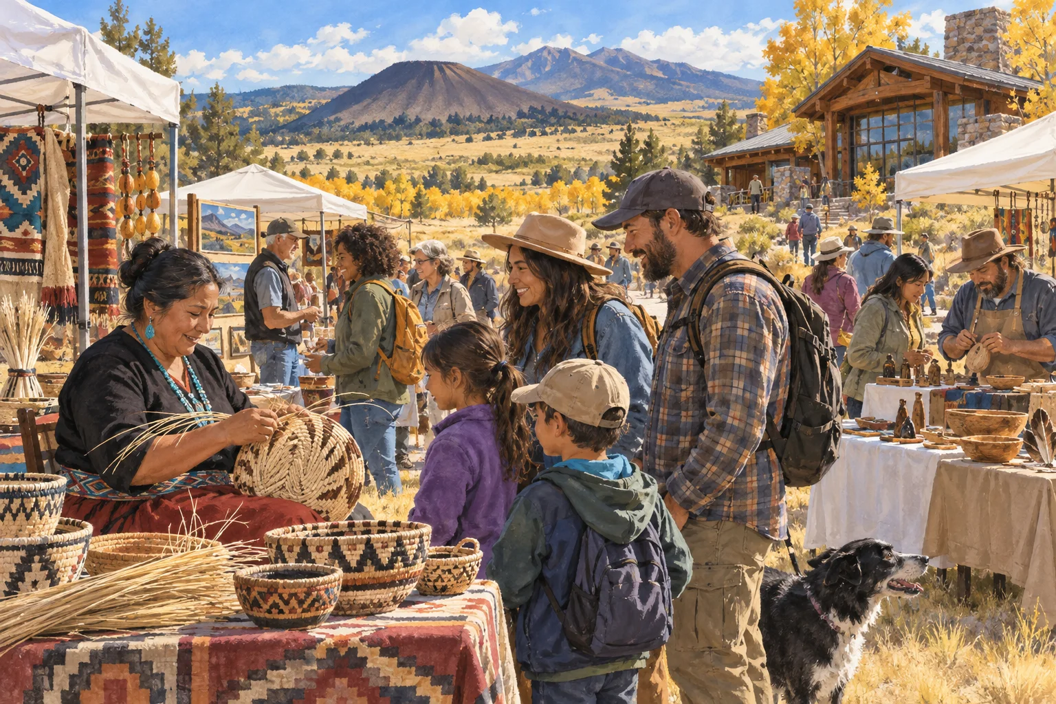 Editorial illustration of visitors meeting artisans at an autumn festival in a high New Mexico valley.