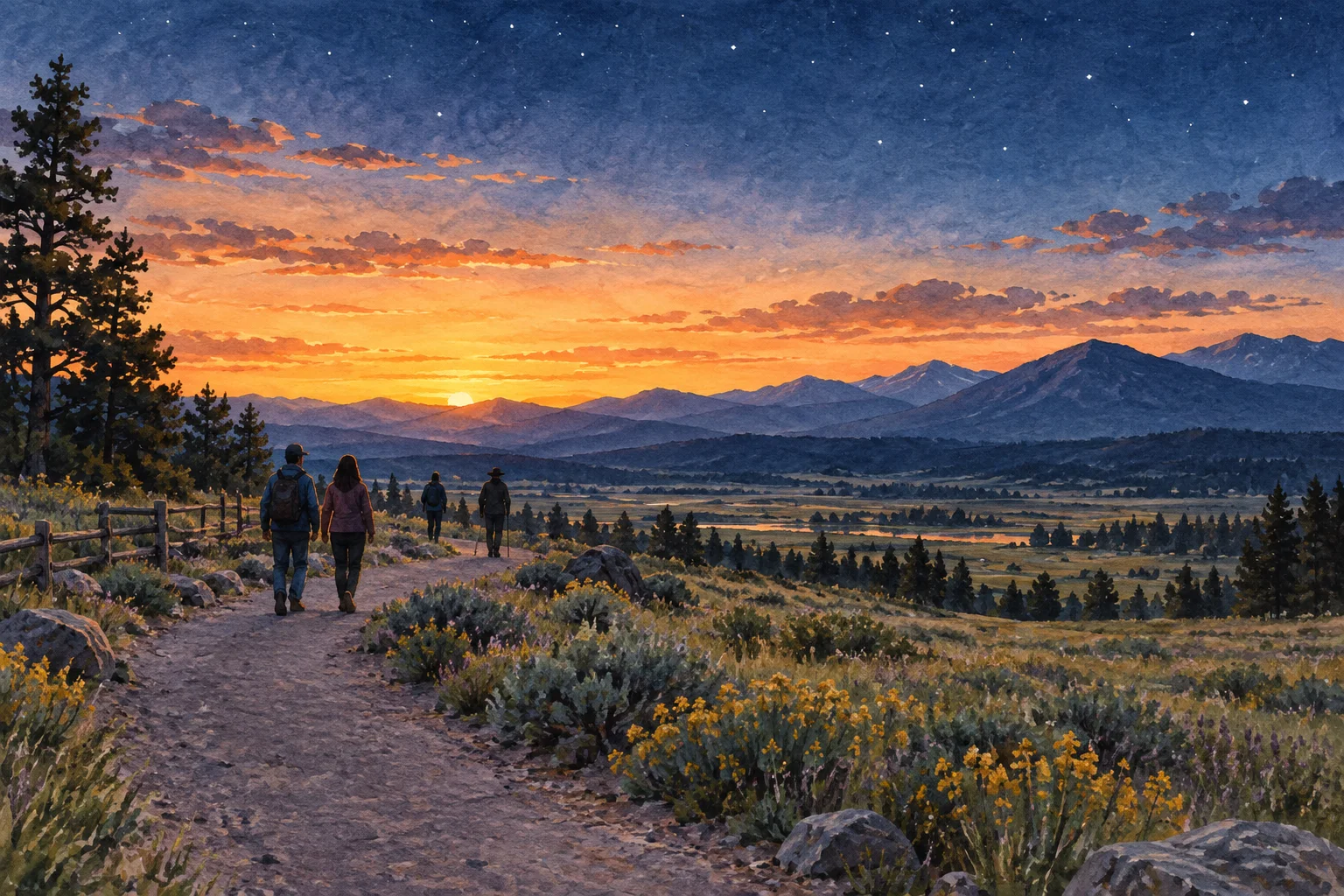 Editorial illustration of several visitors taking a sunset walk through a mountain valley beneath early stars.